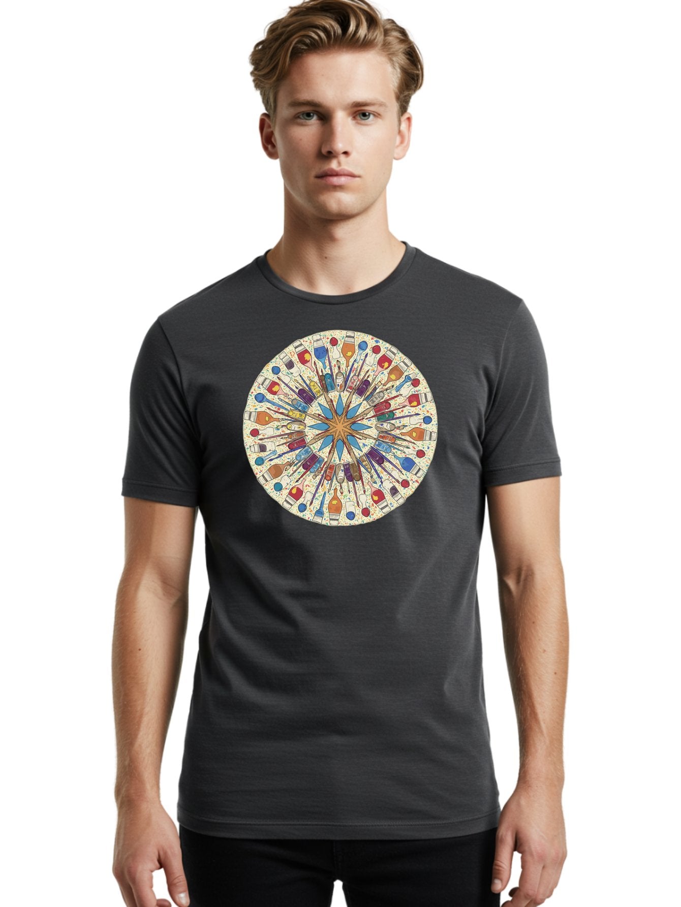 Paints-And-Brushes Men'S Graphic Tee, 100% Cotton, Comfortable Casual Summer Wear, Machine Washable, Mandala Art, Paint Bottles, Paint Brushes, Artistic Creativity, Vibrant Colors, Artistic Expression, Creative Design, Art Supplies, Bad398 25