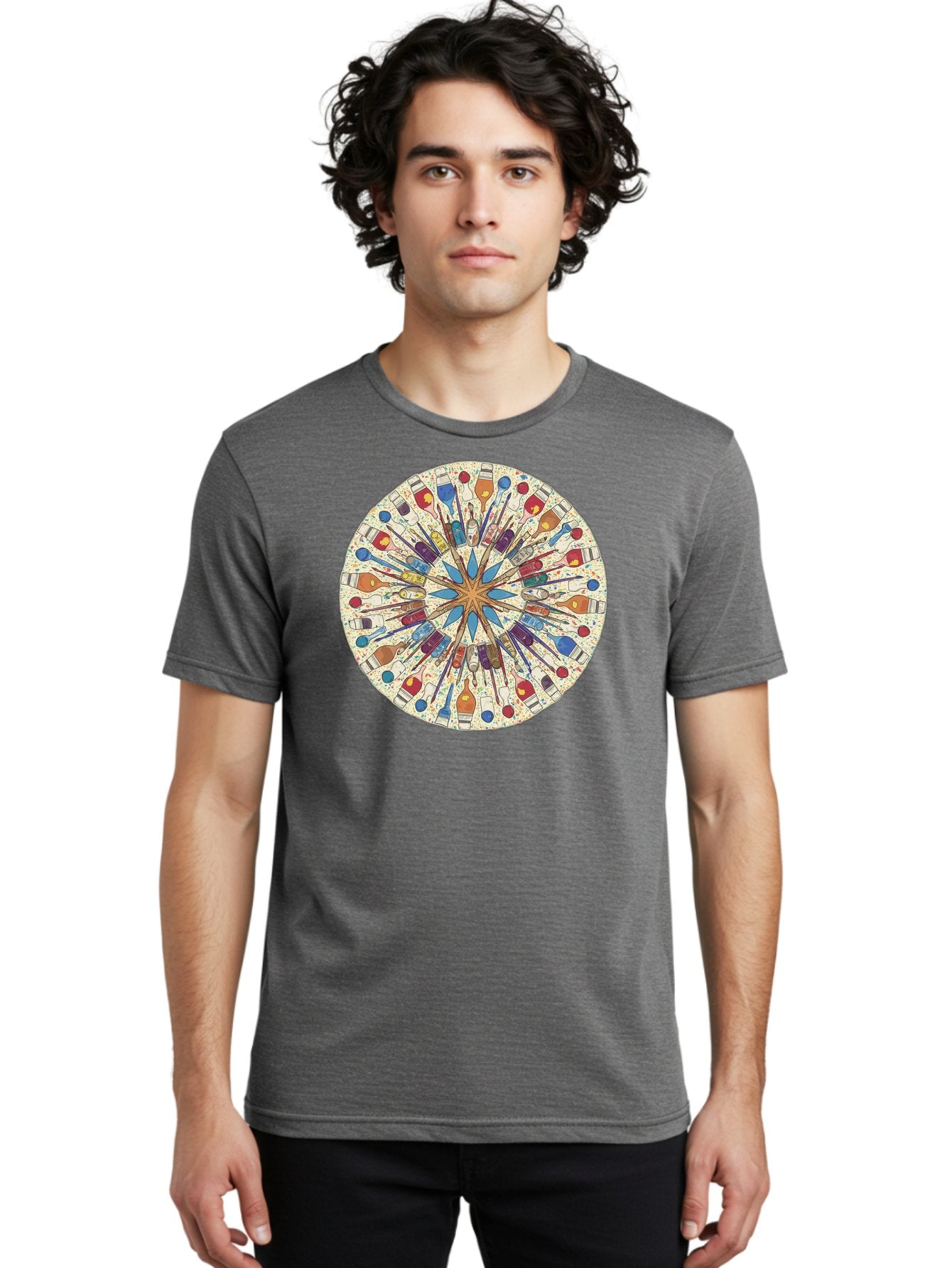 Paints-And-Brushes Men'S Graphic Tee, 100% Cotton, Comfortable Casual Summer Wear, Machine Washable, Mandala Art, Paint Bottles, Paint Brushes, Artistic Creativity, Vibrant Colors, Artistic Expression, Creative Design, Art Supplies, Bad398 21