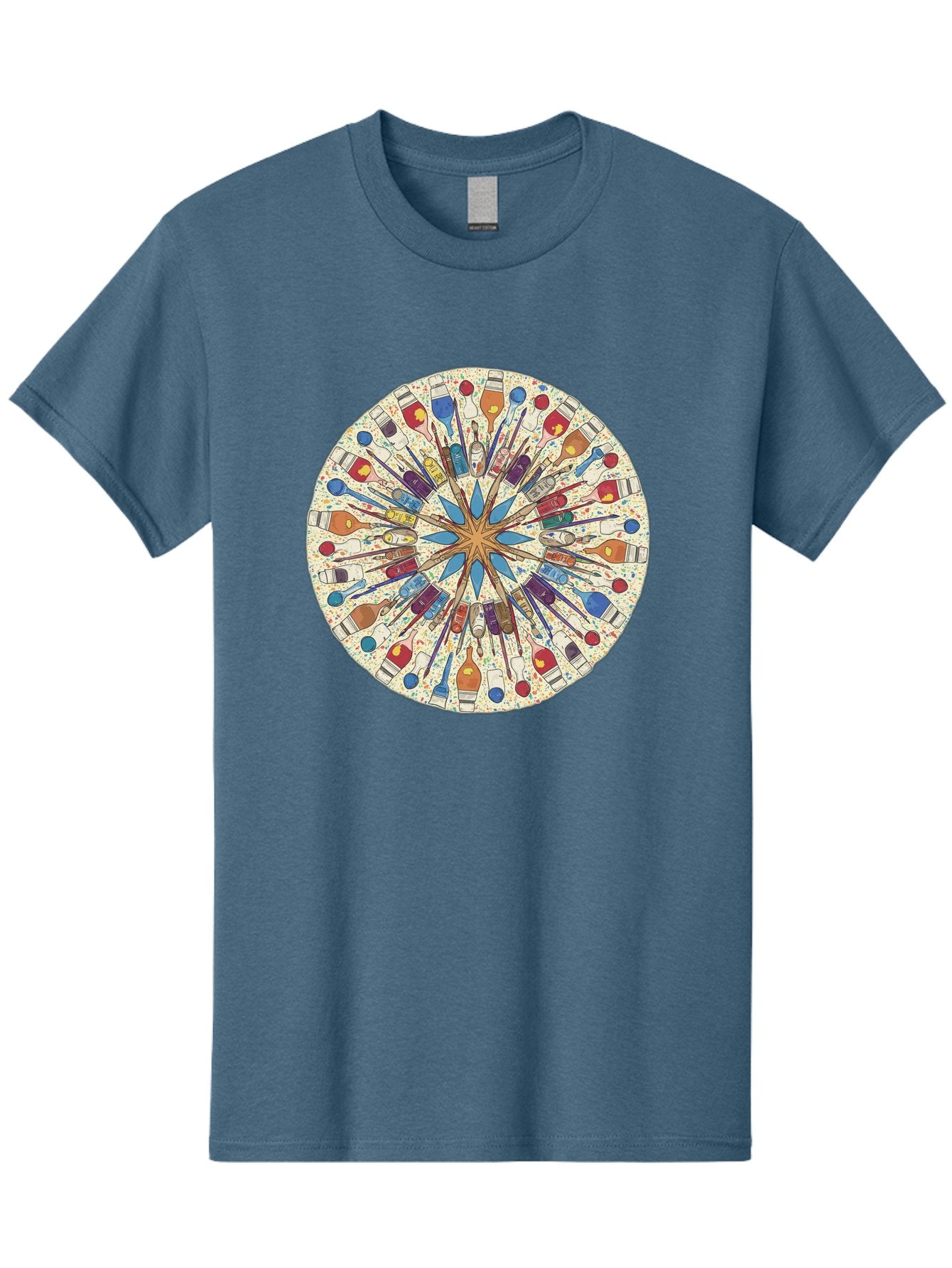 Paints-And-Brushes Men'S Graphic Tee, 100% Cotton, Comfortable Casual Summer Wear, Machine Washable, Mandala Art, Paint Bottles, Paint Brushes, Artistic Creativity, Vibrant Colors, Artistic Expression, Creative Design, Art Supplies, Bad398 6