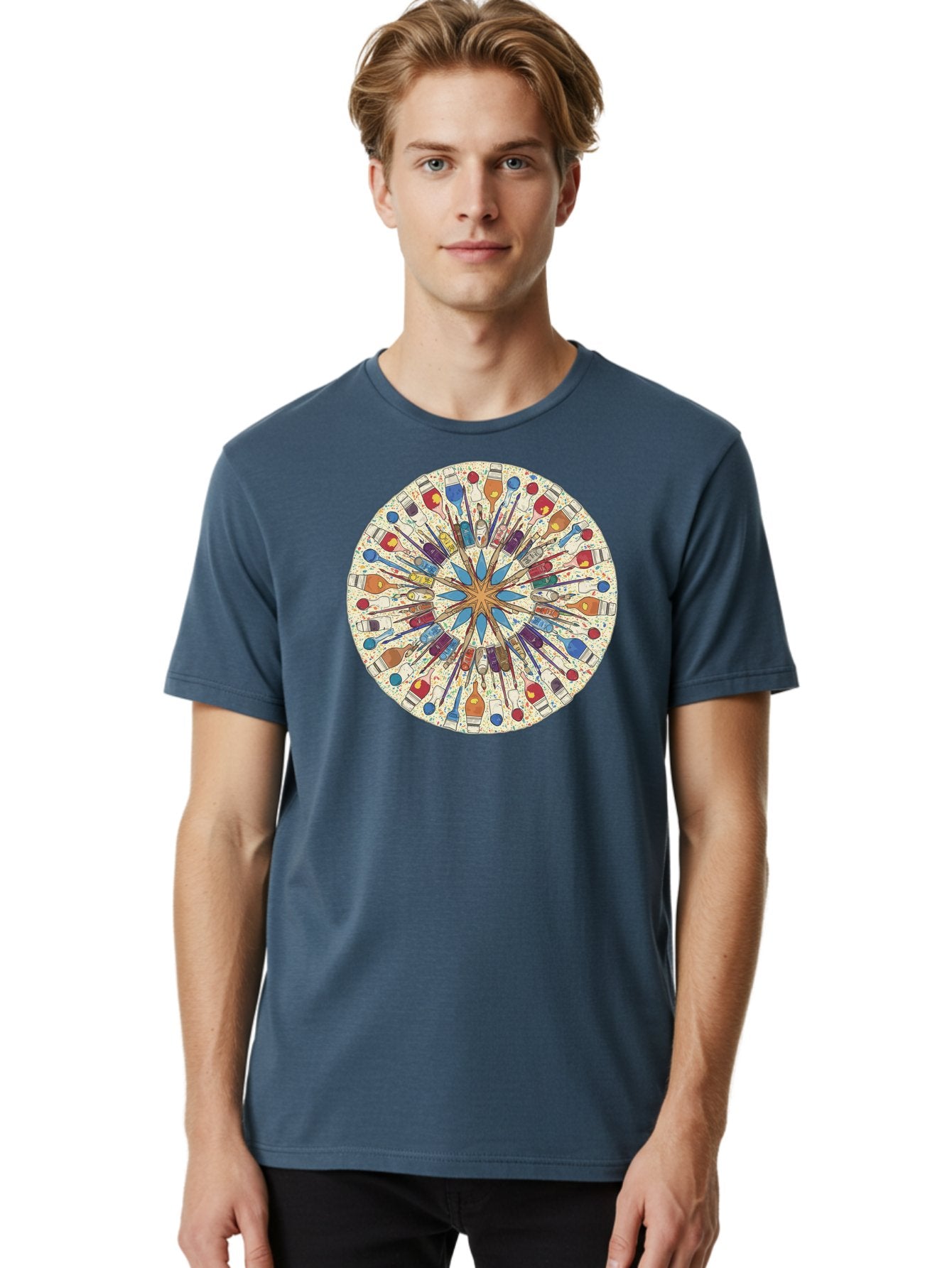 Paints-And-Brushes Men'S Graphic Tee, 100% Cotton, Comfortable Casual Summer Wear, Machine Washable, Mandala Art, Paint Bottles, Paint Brushes, Artistic Creativity, Vibrant Colors, Artistic Expression, Creative Design, Art Supplies, Bad398 24