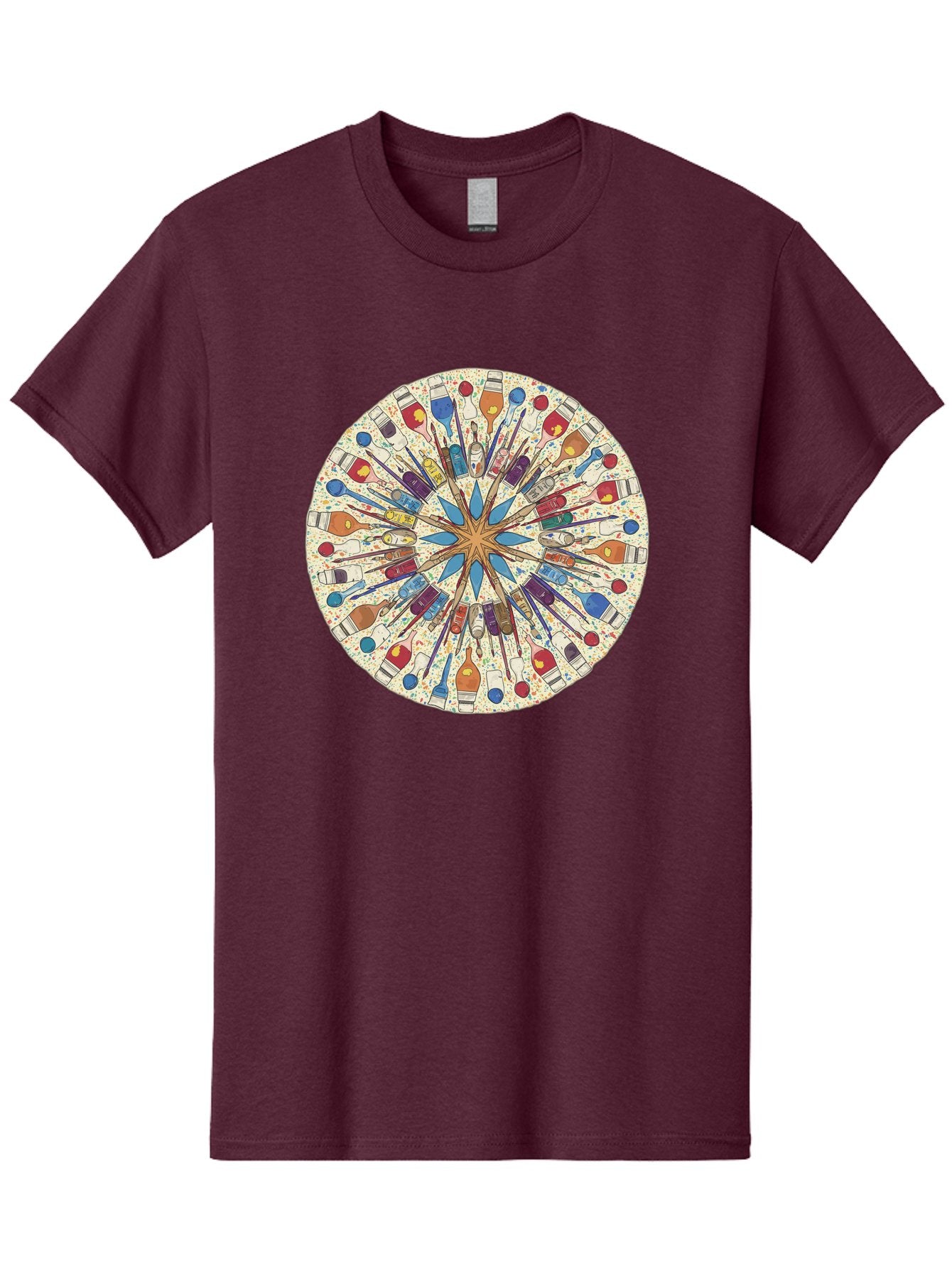 Paints-And-Brushes Men'S Graphic Tee, 100% Cotton, Comfortable Casual Summer Wear, Machine Washable, Mandala Art, Paint Bottles, Paint Brushes, Artistic Creativity, Vibrant Colors, Artistic Expression, Creative Design, Art Supplies, Bad398 13