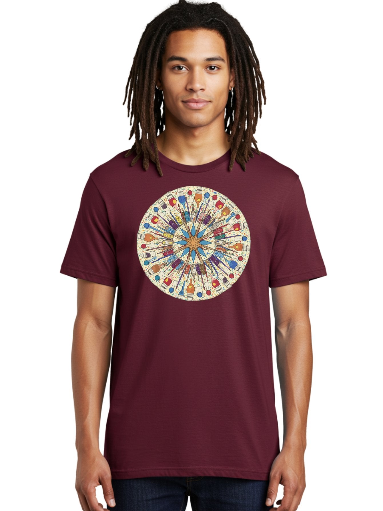Paints-And-Brushes Men'S Graphic Tee, 100% Cotton, Comfortable Casual Summer Wear, Machine Washable, Mandala Art, Paint Bottles, Paint Brushes, Artistic Creativity, Vibrant Colors, Artistic Expression, Creative Design, Art Supplies, Bad398 20