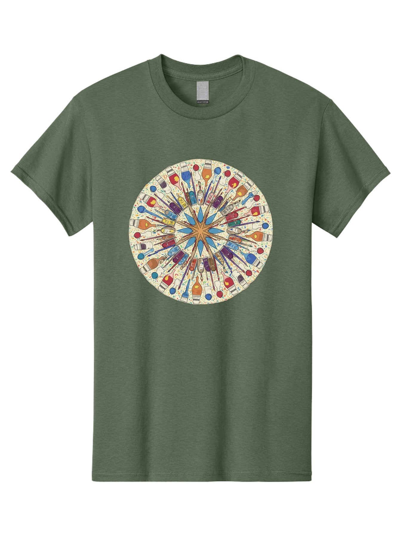 Paints-And-Brushes Men'S Graphic Tee, 100% Cotton, Comfortable Casual Summer Wear, Machine Washable, Mandala Art, Paint Bottles, Paint Brushes, Artistic Creativity, Vibrant Colors, Artistic Expression, Creative Design, Art Supplies, Bad398 5
