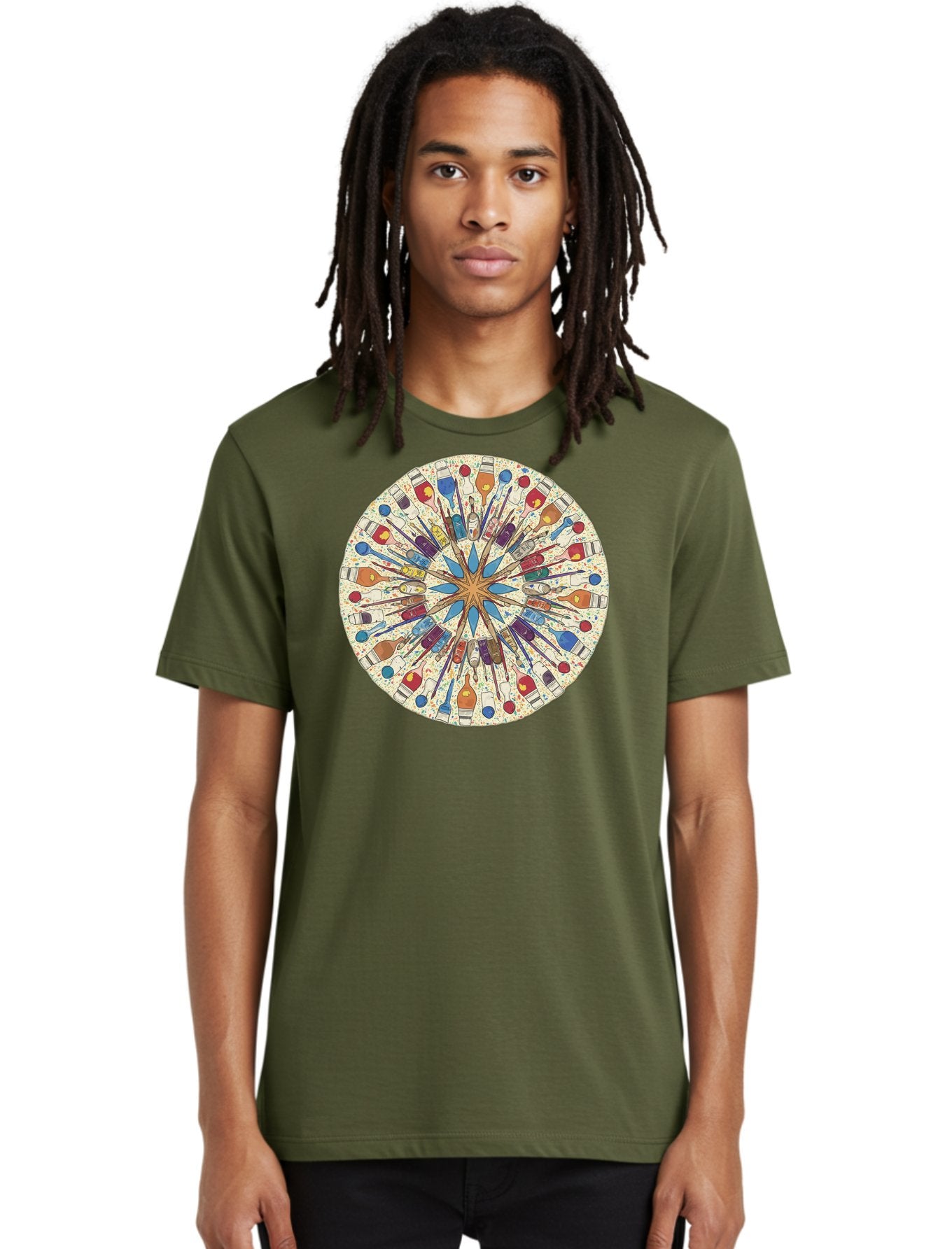 Paints-And-Brushes Men'S Graphic Tee, 100% Cotton, Comfortable Casual Summer Wear, Machine Washable, Mandala Art, Paint Bottles, Paint Brushes, Artistic Creativity, Vibrant Colors, Artistic Expression, Creative Design, Art Supplies, Bad398 23
