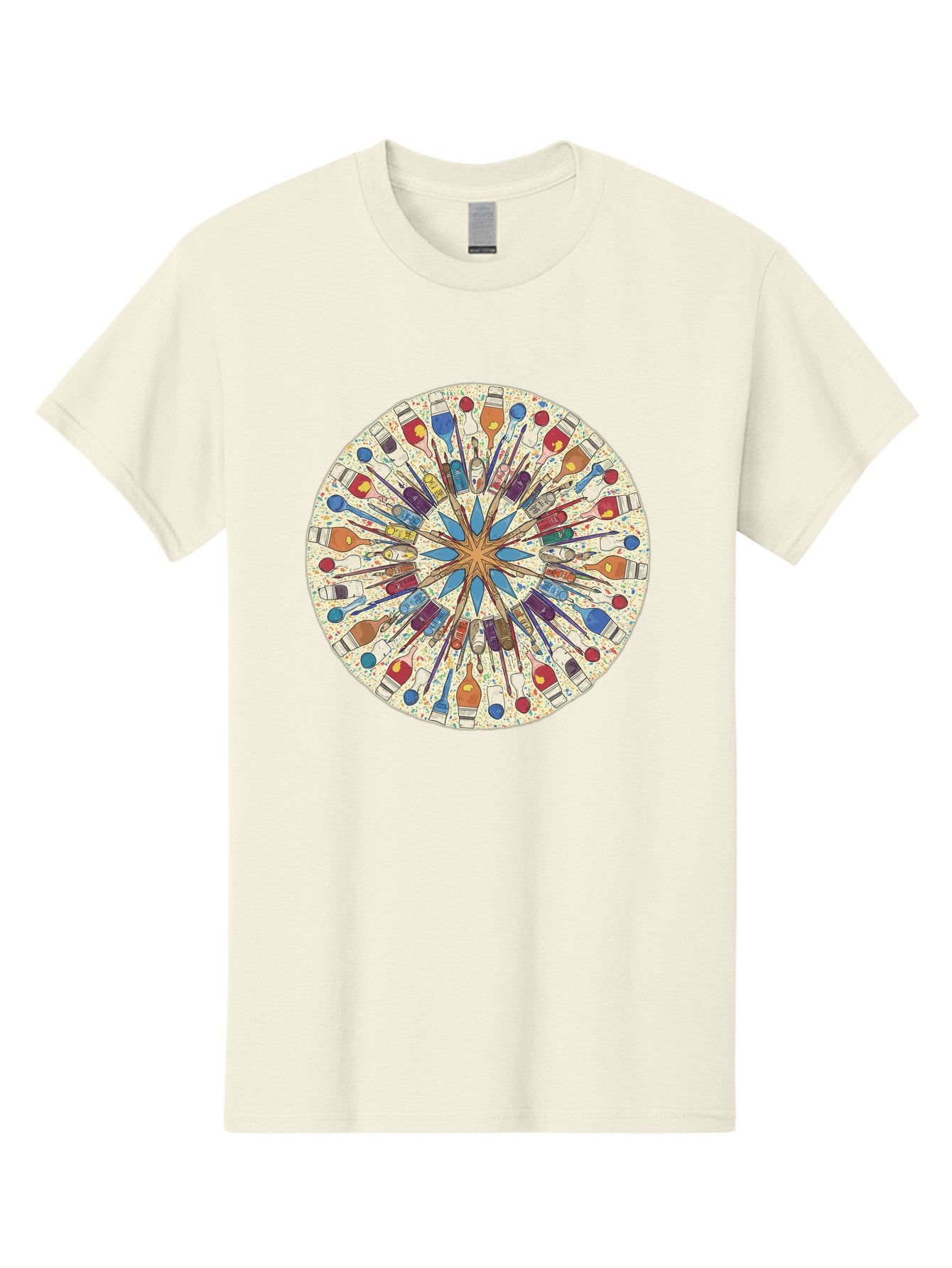 Paints-And-Brushes Men'S Graphic Tee, 100% Cotton, Comfortable Casual Summer Wear, Machine Washable, Mandala Art, Paint Bottles, Paint Brushes, Artistic Creativity, Vibrant Colors, Artistic Expression, Creative Design, Art Supplies, Bad398 12