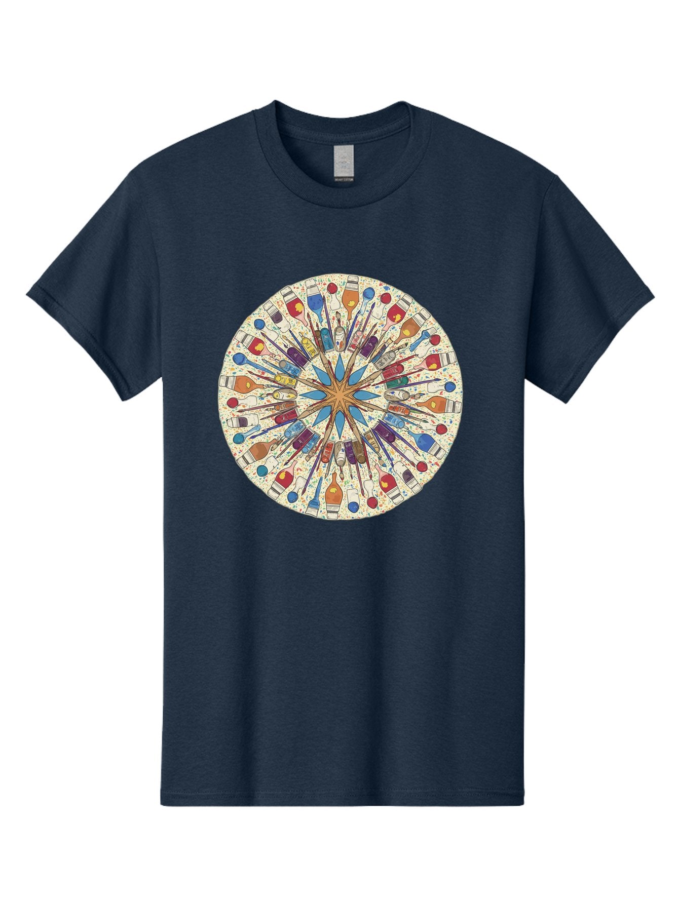 Paints-And-Brushes Men'S Graphic Tee, 100% Cotton, Comfortable Casual Summer Wear, Machine Washable, Mandala Art, Paint Bottles, Paint Brushes, Artistic Creativity, Vibrant Colors, Artistic Expression, Creative Design, Art Supplies, Bad398 4