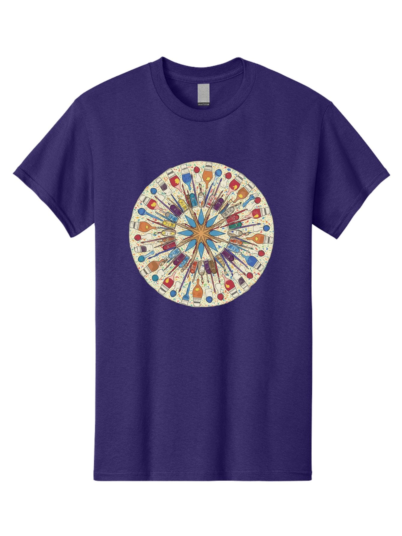 Paints-And-Brushes Men'S Graphic Tee, 100% Cotton, Comfortable Casual Summer Wear, Machine Washable, Mandala Art, Paint Bottles, Paint Brushes, Artistic Creativity, Vibrant Colors, Artistic Expression, Creative Design, Art Supplies, Bad398