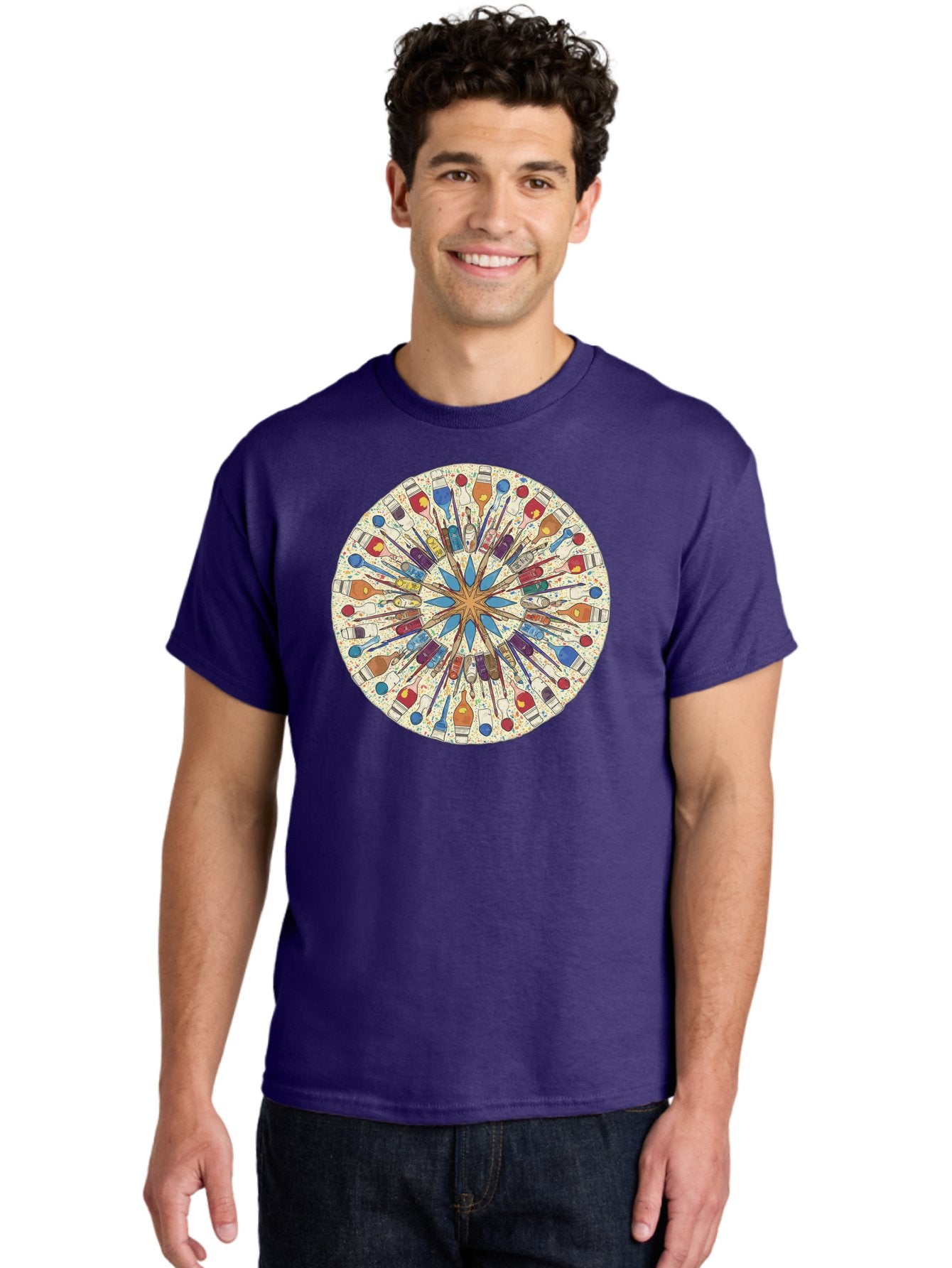 Paints-And-Brushes Men'S Graphic Tee, 100% Cotton, Comfortable Casual Summer Wear, Machine Washable, Mandala Art, Paint Bottles, Paint Brushes, Artistic Creativity, Vibrant Colors, Artistic Expression, Creative Design, Art Supplies, Bad398 19