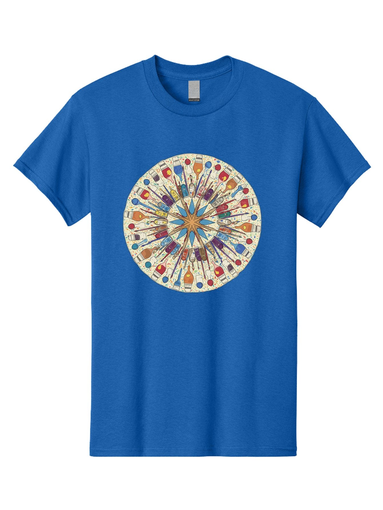 Paints-And-Brushes Men'S Graphic Tee, 100% Cotton, Comfortable Casual Summer Wear, Machine Washable, Mandala Art, Paint Bottles, Paint Brushes, Artistic Creativity, Vibrant Colors, Artistic Expression, Creative Design, Art Supplies, Bad398 3