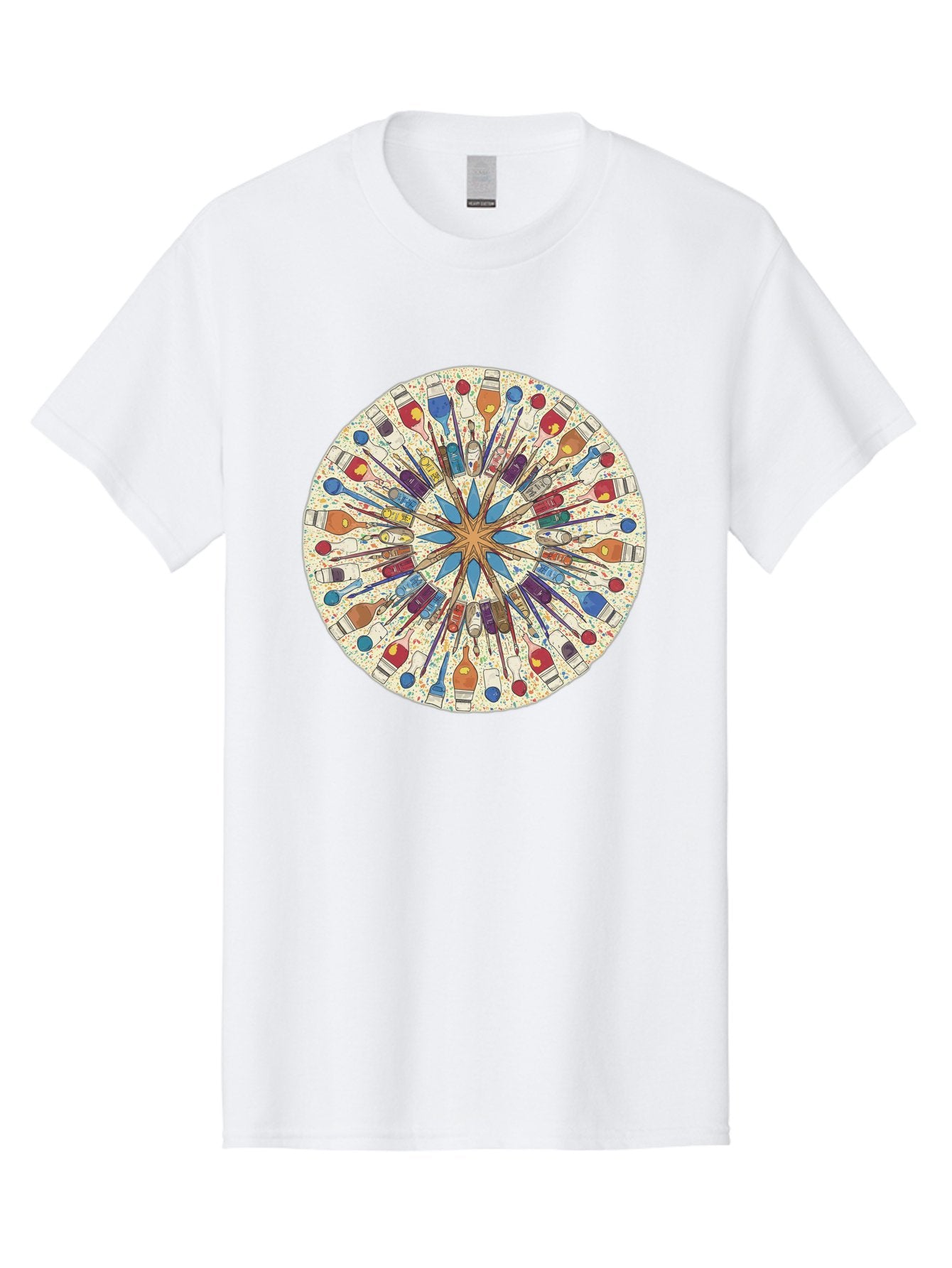 Paints-And-Brushes Men'S Graphic Tee, 100% Cotton, Comfortable Casual Summer Wear, Machine Washable, Mandala Art, Paint Bottles, Paint Brushes, Artistic Creativity, Vibrant Colors, Artistic Expression, Creative Design, Art Supplies, Bad398 11