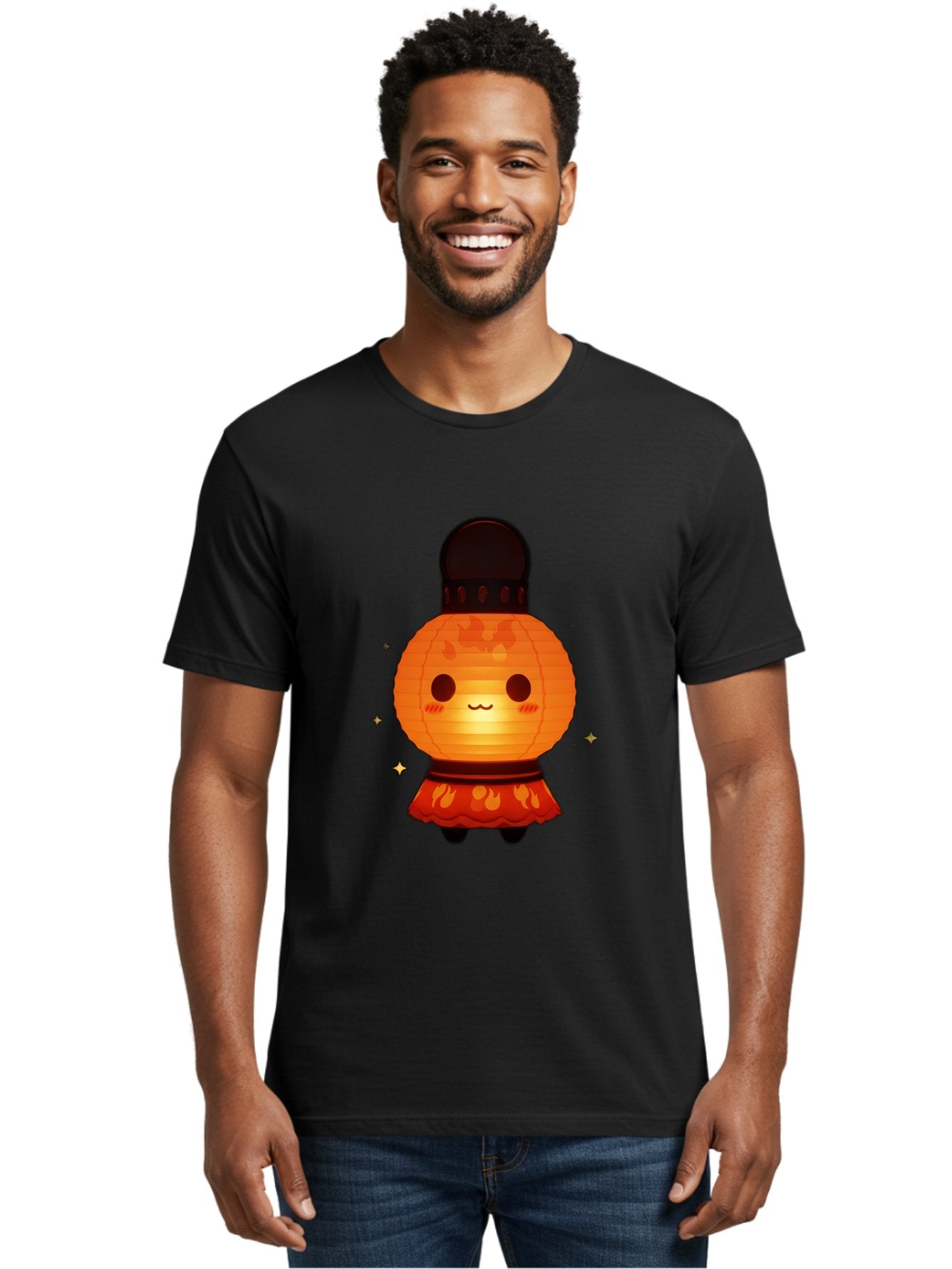 Paper-Lantern-Character-1 Men'S Graphic Tee, 100% Cotton, Comfortable Casual Summer Wear, Machine Washable, Kawaii Character, Paper Lantern, Cute Illustration, Cartoon Style, Orange Lantern, Red Skirt, Festive Atmosphere, Japanese Culture, Bad404 28