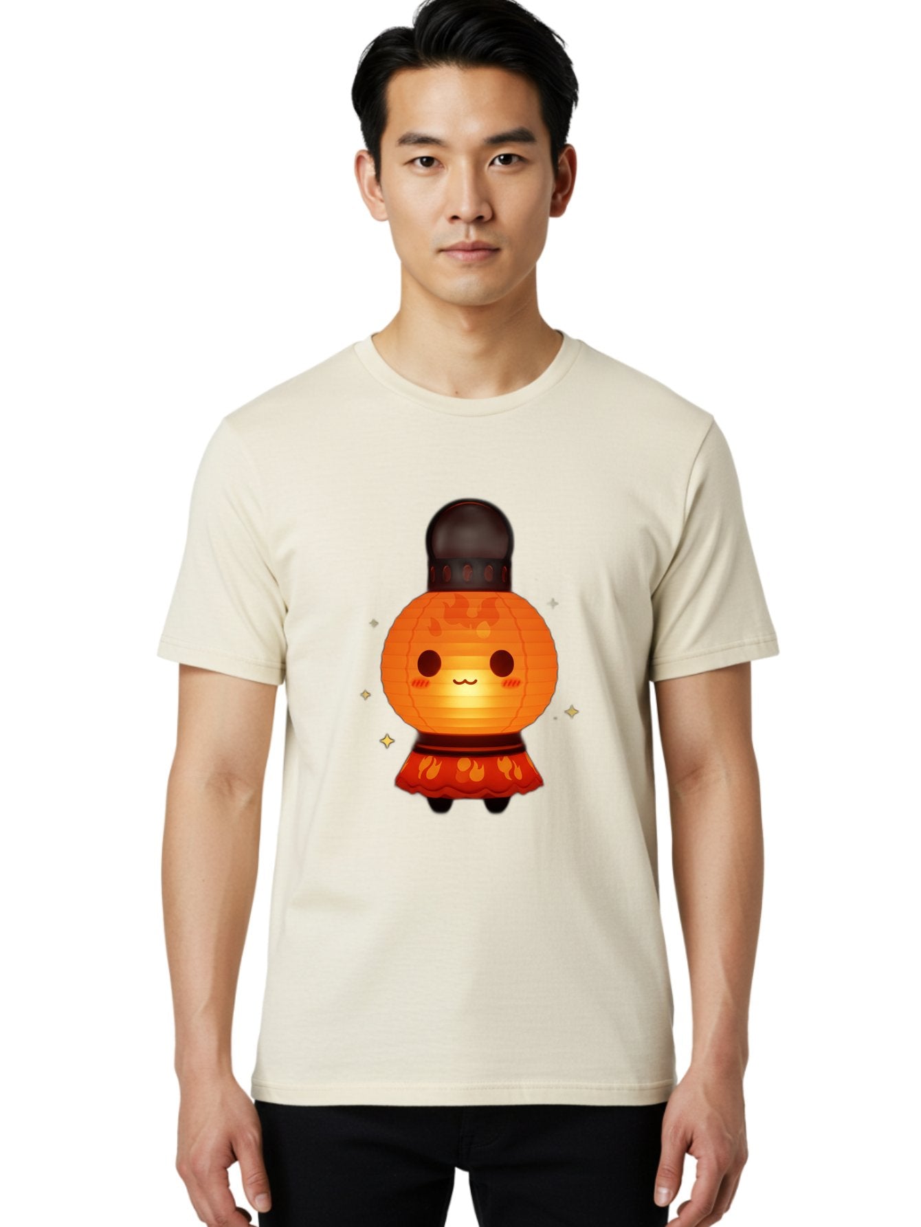 Paper-Lantern-Character-1 Men'S Graphic Tee, 100% Cotton, Comfortable Casual Summer Wear, Machine Washable, Kawaii Character, Paper Lantern, Cute Illustration, Cartoon Style, Orange Lantern, Red Skirt, Festive Atmosphere, Japanese Culture, Bad404 20
