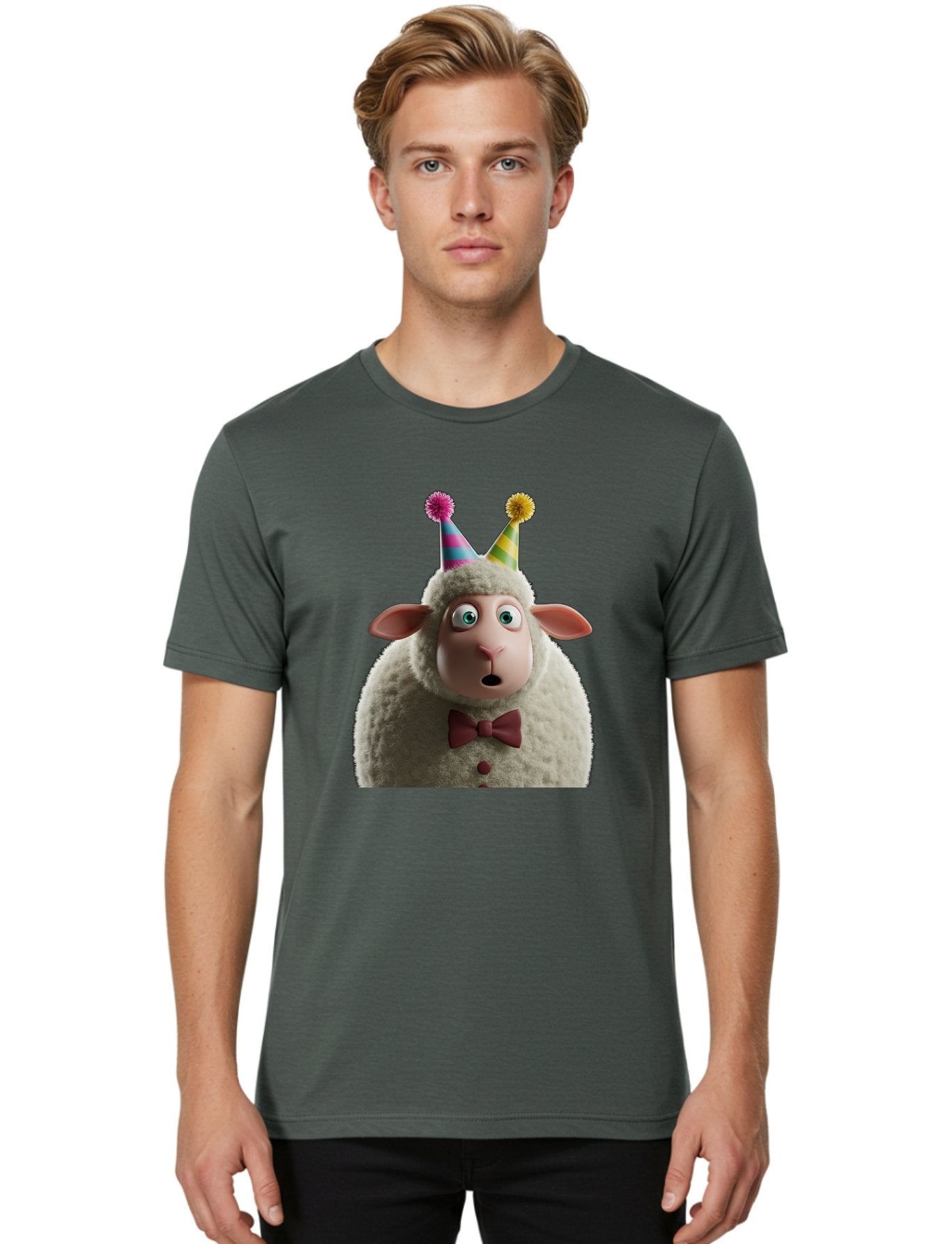 Party-Sheep Men'S Graphic Tee, 100% Cotton, Comfortable Casual Summer Wear, Machine Washable, Funny Sheep, Party Hat, Cute Animal, Surprised Expression, Cartoon Character, Festive Atmosphere, Humorous Illustration, Sheep Character, Bad408 17