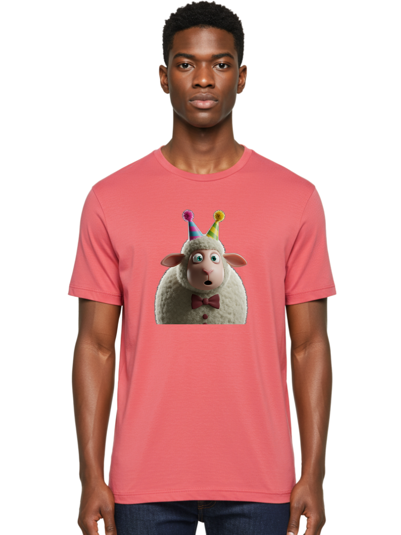 Party-Sheep Men'S Graphic Tee, 100% Cotton, Comfortable Casual Summer Wear, Machine Washable, Funny Sheep, Party Hat, Cute Animal, Surprised Expression, Cartoon Character, Festive Atmosphere, Humorous Illustration, Sheep Character, Bad408 23