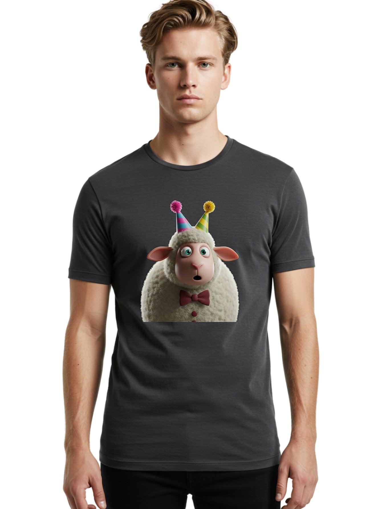 Party-Sheep Men'S Graphic Tee, 100% Cotton, Comfortable Casual Summer Wear, Machine Washable, Funny Sheep, Party Hat, Cute Animal, Surprised Expression, Cartoon Character, Festive Atmosphere, Humorous Illustration, Sheep Character, Bad408 20