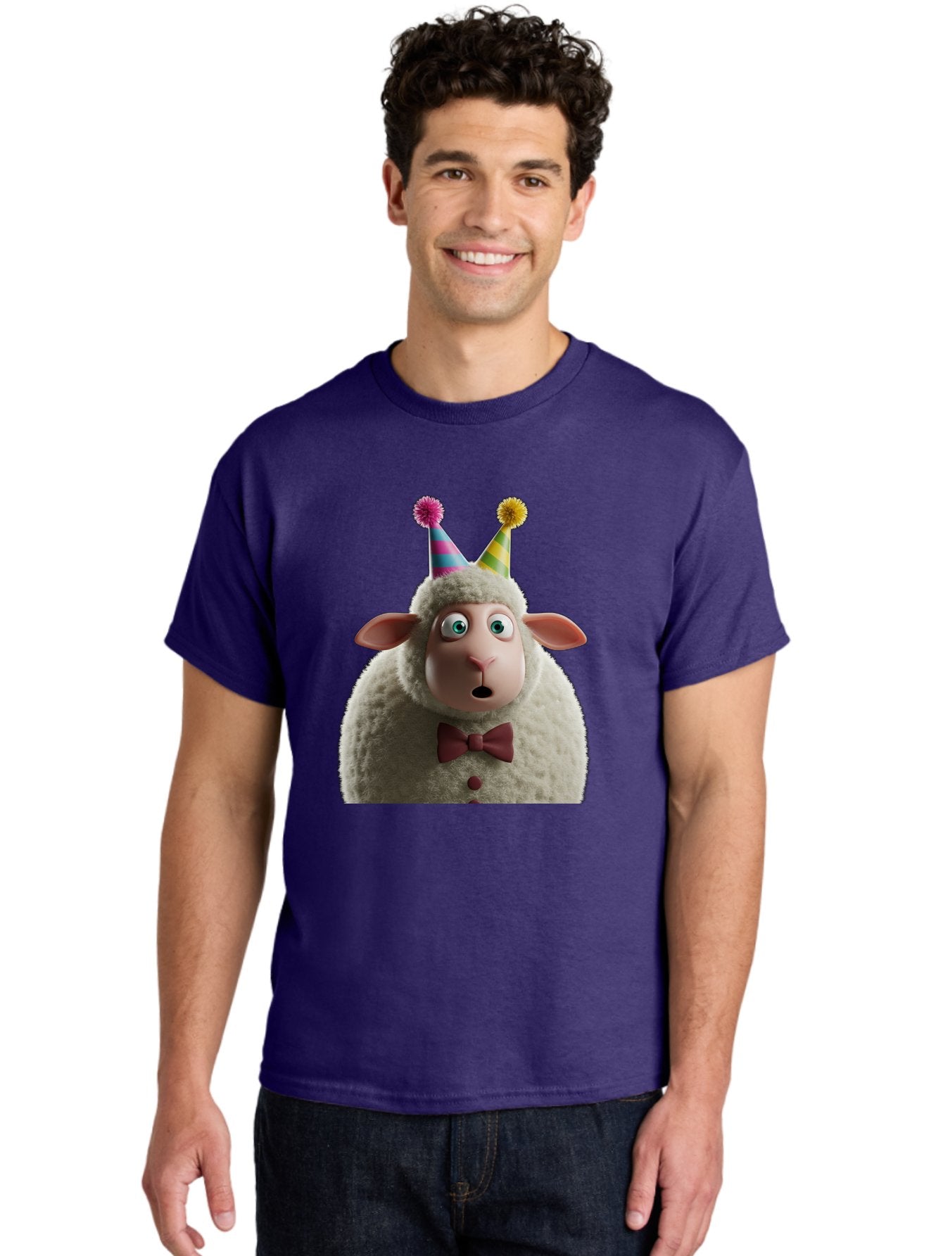 Party-Sheep Men'S Graphic Tee, 100% Cotton, Comfortable Casual Summer Wear, Machine Washable, Funny Sheep, Party Hat, Cute Animal, Surprised Expression, Cartoon Character, Festive Atmosphere, Humorous Illustration, Sheep Character, Bad408 16