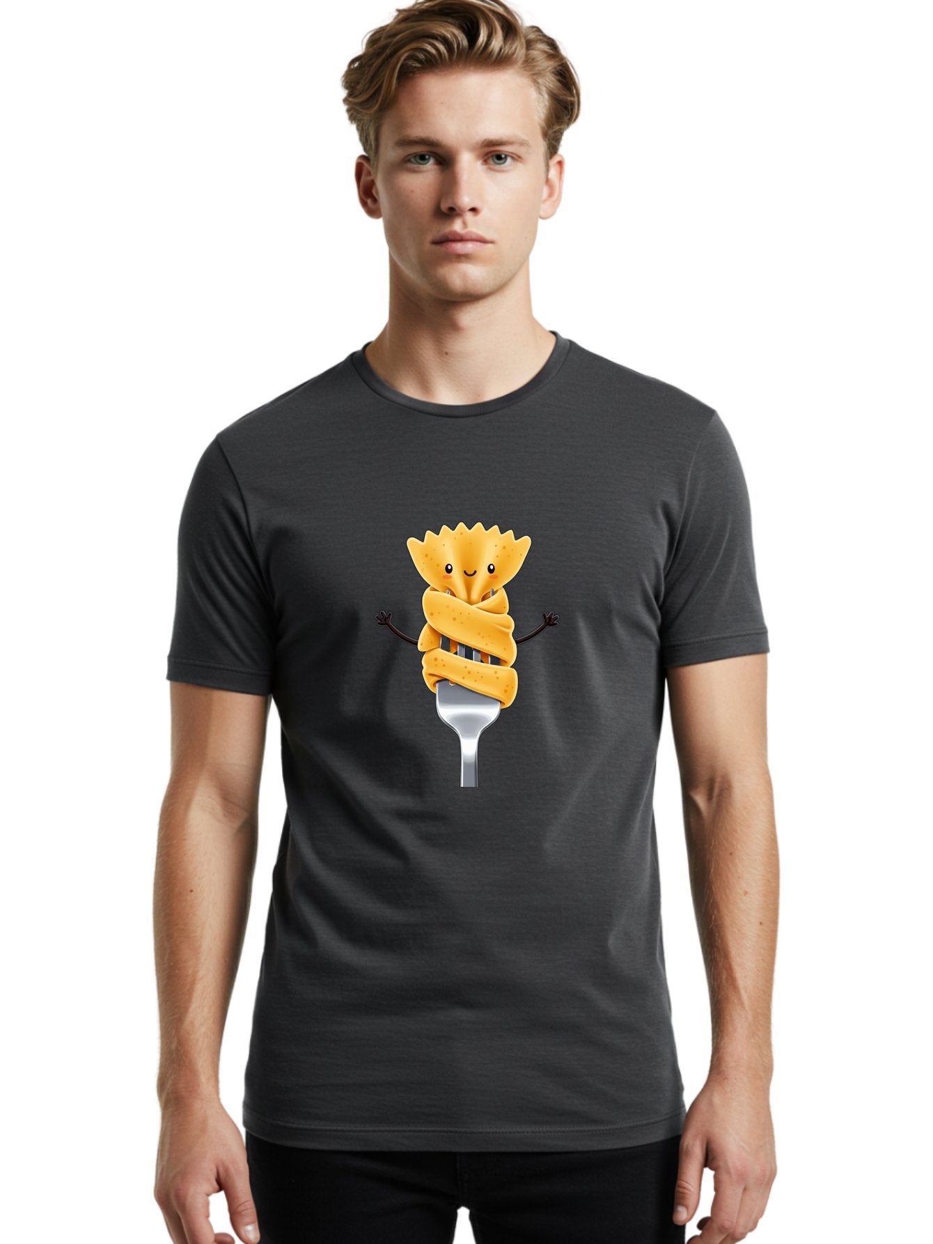 Pasta-Character Men'S Graphic Tee, 100% Cotton, Comfortable Casual Summer Wear, Machine Washable, Pasta On A Fork, Cartoon Character, Happy Expression, Fork Prongs, Pasta Wrapping, Playful Food, Whimsical Illustration, Fun Mealtime, Bad409 19