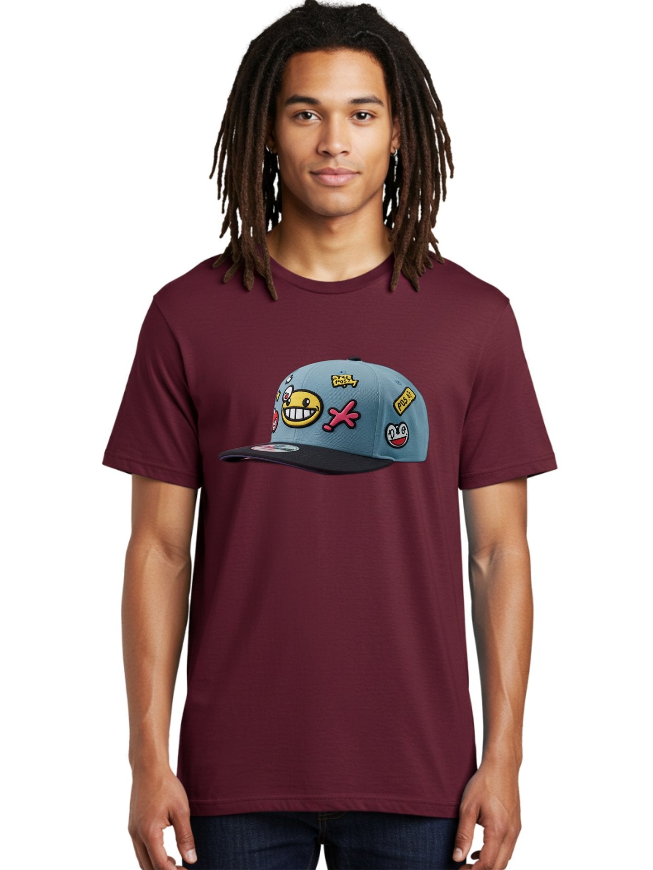 Pawz Men'S Graphic Tee, 100% Cotton, Comfortable Casual Summer Wear, Machine Washable, Streetwear Baseball Cap, Paul G Patches, Cartoon Smiley Face, Fashion Accessory, Street Style, Youth Culture, Graphic Design Bad410 23