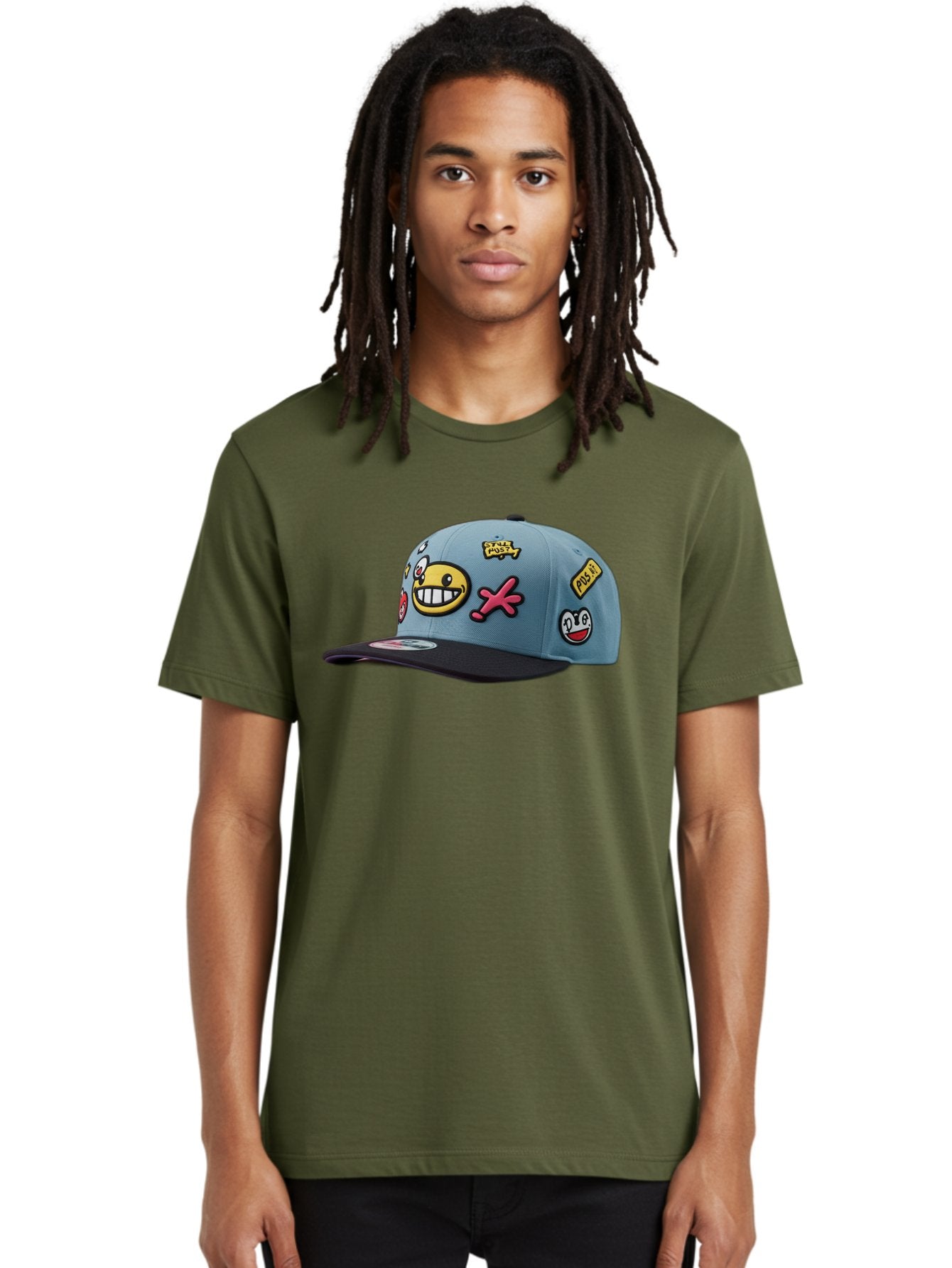 Pawz Men'S Graphic Tee, 100% Cotton, Comfortable Casual Summer Wear, Machine Washable, Streetwear Baseball Cap, Paul G Patches, Cartoon Smiley Face, Fashion Accessory, Street Style, Youth Culture, Graphic Design Bad410 29