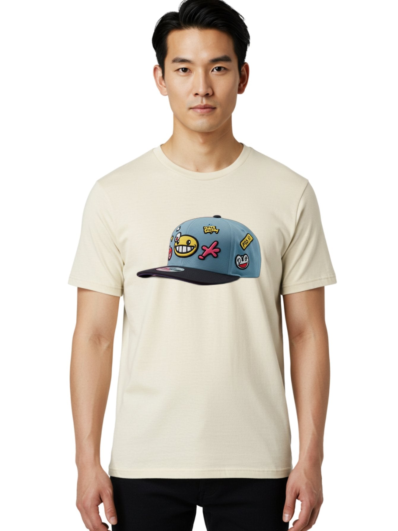 Pawz Men'S Graphic Tee, 100% Cotton, Comfortable Casual Summer Wear, Machine Washable, Streetwear Baseball Cap, Paul G Patches, Cartoon Smiley Face, Fashion Accessory, Street Style, Youth Culture, Graphic Design Bad410 20