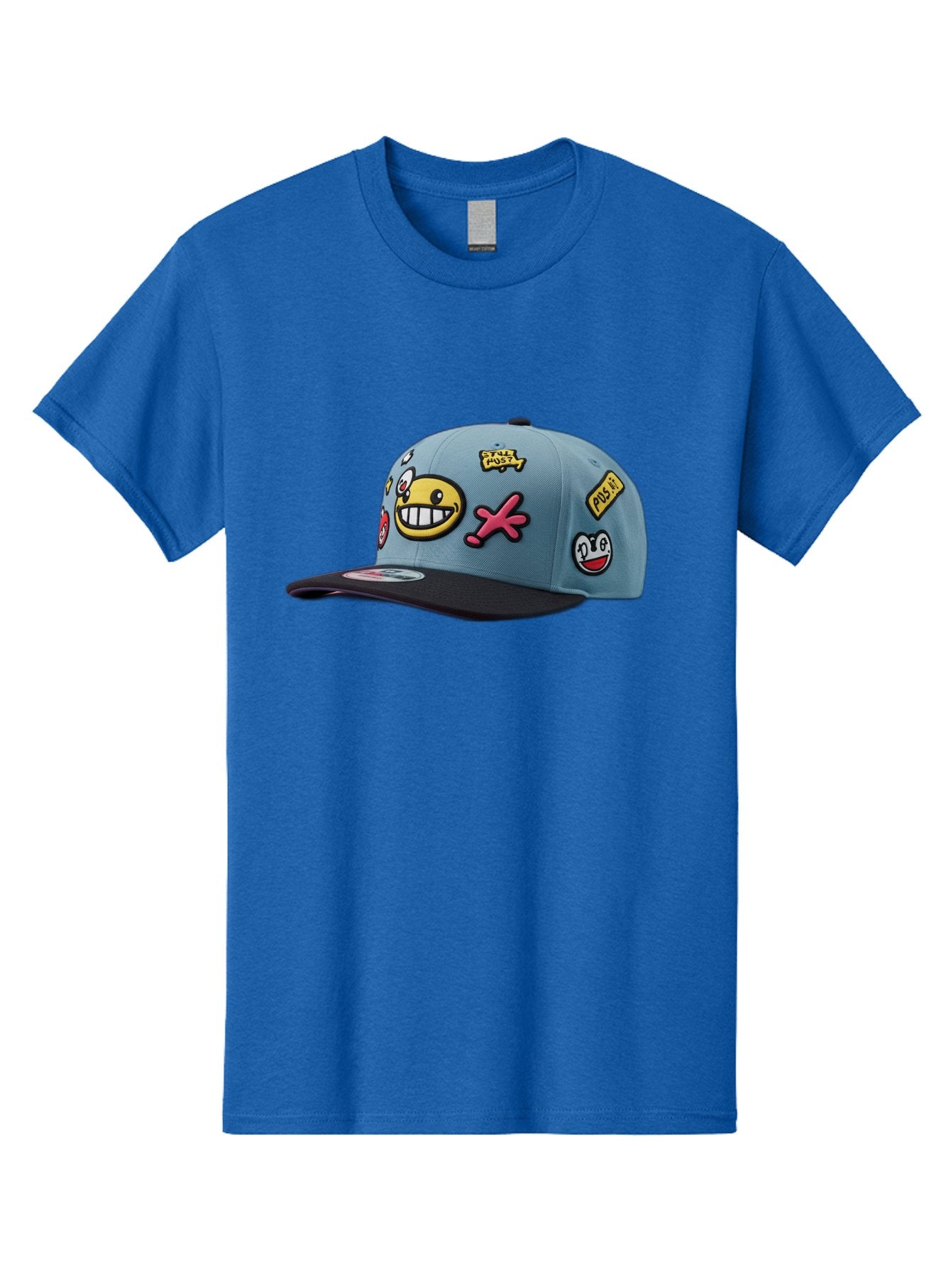Pawz Men'S Graphic Tee, 100% Cotton, Comfortable Casual Summer Wear, Machine Washable, Streetwear Baseball Cap, Paul G Patches, Cartoon Smiley Face, Fashion Accessory, Street Style, Youth Culture, Graphic Design Bad410 11