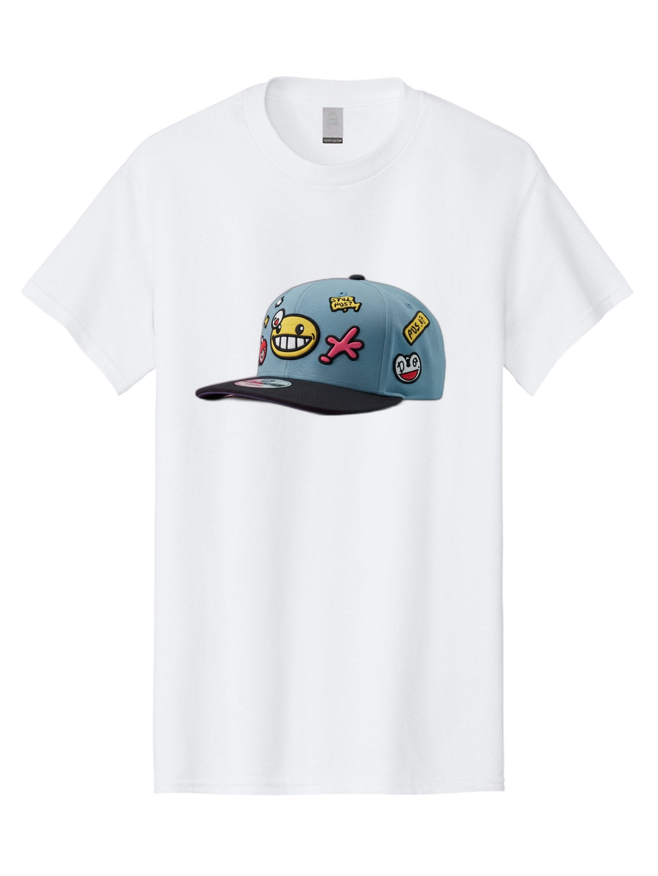 Pawz Men'S Graphic Tee, 100% Cotton, Comfortable Casual Summer Wear, Machine Washable, Streetwear Baseball Cap, Paul G Patches, Cartoon Smiley Face, Fashion Accessory, Street Style, Youth Culture, Graphic Design Bad410