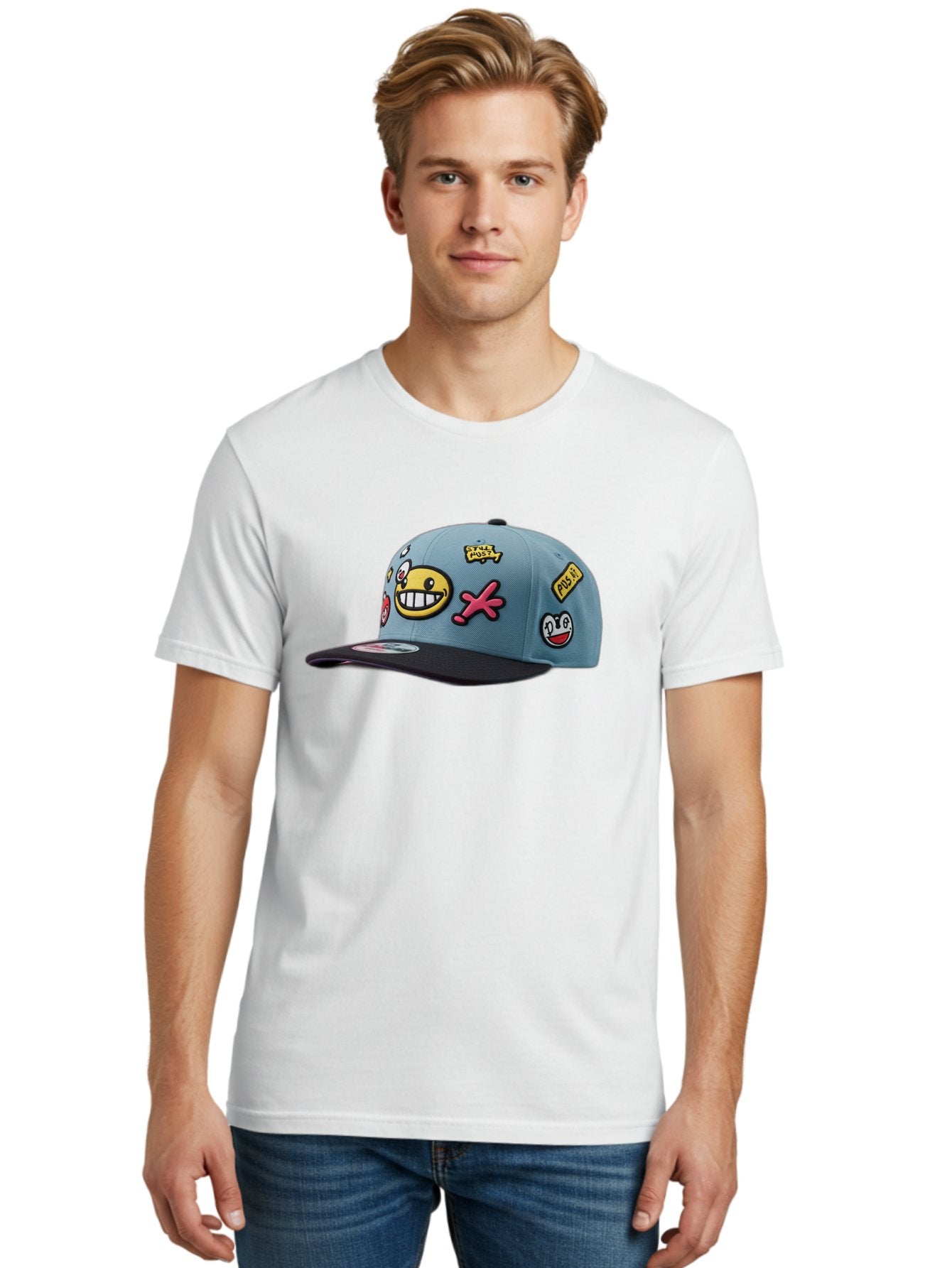 Pawz Men'S Graphic Tee, 100% Cotton, Comfortable Casual Summer Wear, Machine Washable, Streetwear Baseball Cap, Paul G Patches, Cartoon Smiley Face, Fashion Accessory, Street Style, Youth Culture, Graphic Design Bad410 19