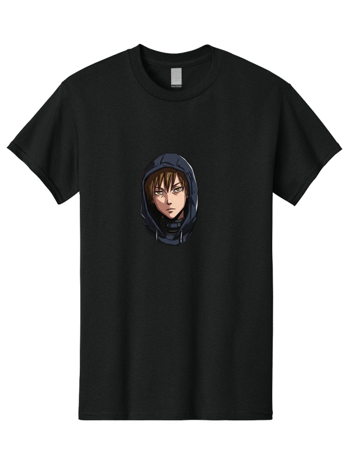 Person-Wearing-Hoodie Men'S Graphic Tee, 100% Cotton, Comfortable Casual Summer Wear, Machine Washable, Anime Female Character, Hooded Figure, Mysterious Woman, Dark Clothing, Intense Gaze, Green Eyes, Anime Art, Cartoon Character, Bad412