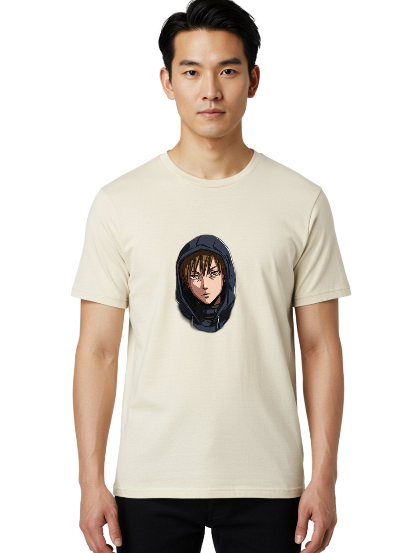 Person-Wearing-Hoodie Men'S Graphic Tee, 100% Cotton, Comfortable Casual Summer Wear, Machine Washable, Anime Female Character, Hooded Figure, Mysterious Woman, Dark Clothing, Intense Gaze, Green Eyes, Anime Art, Cartoon Character, Bad412 19