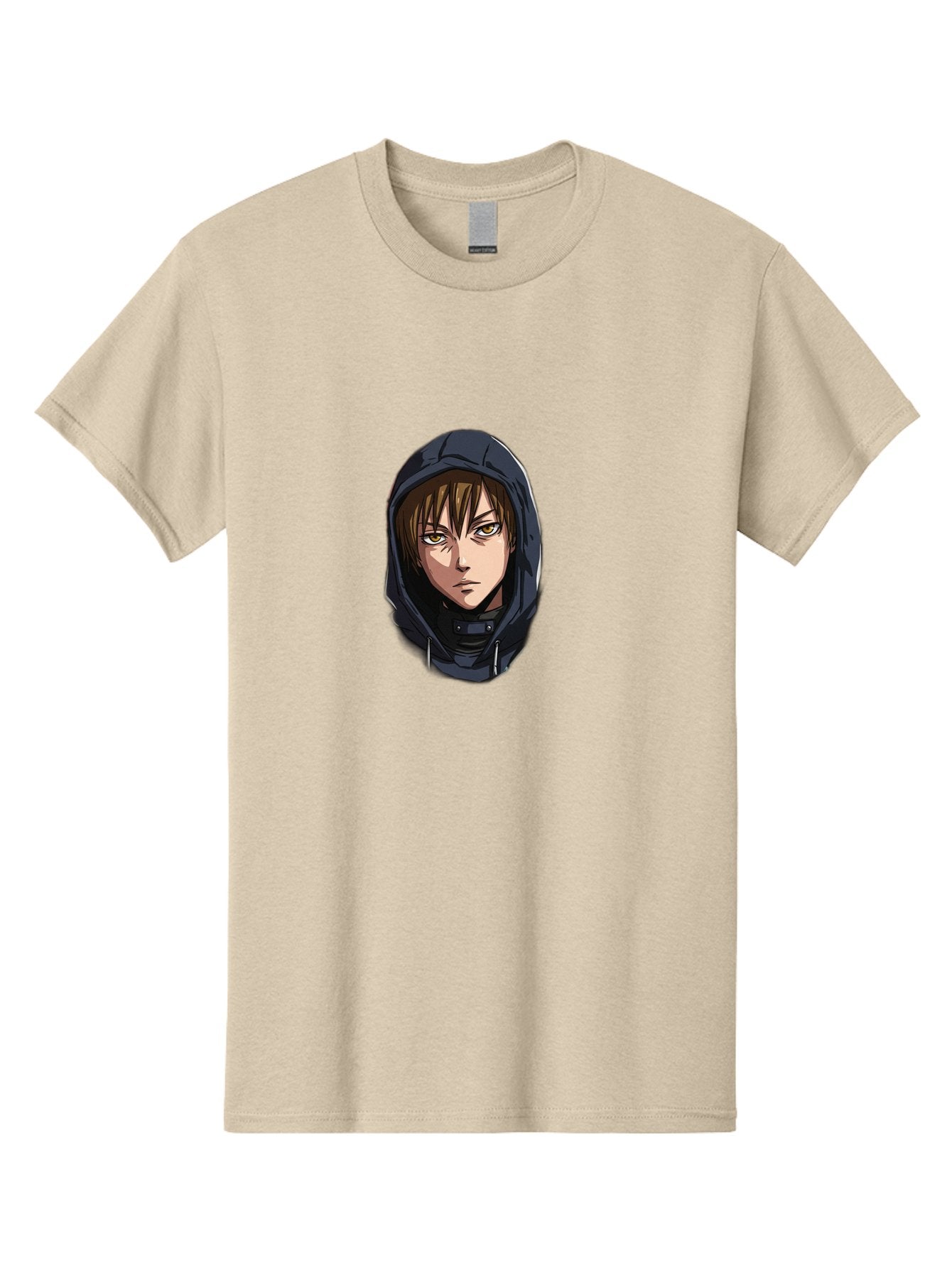 Person-Wearing-Hoodie Men'S Graphic Tee, 100% Cotton, Comfortable Casual Summer Wear, Machine Washable, Anime Female Character, Hooded Figure, Mysterious Woman, Dark Clothing, Intense Gaze, Green Eyes, Anime Art, Cartoon Character, Bad412 12