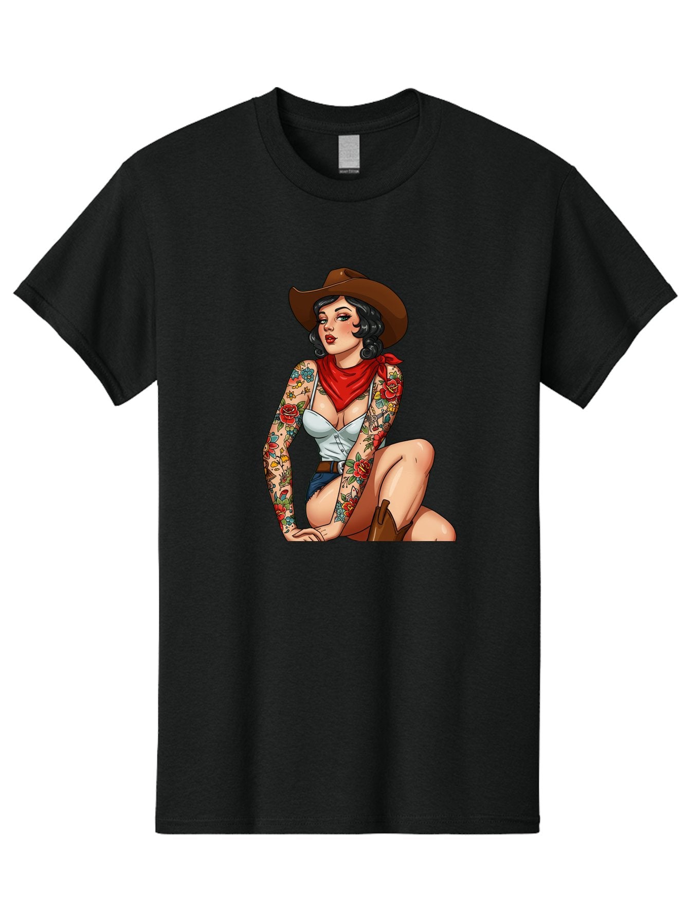 Pin-Up-Cowgirl Men'S Graphic Tee, 100% Cotton, Comfortable Casual Summer Wear, Machine Washable, Pin-Up Girl, Cowgirl Style, Tattooed Woman, Western Fashion, Retro Aesthetic, Sexy Cowboy Boots, Floral Tattoos, Classic Pinup Art, Bold And Sassy Bad415 3