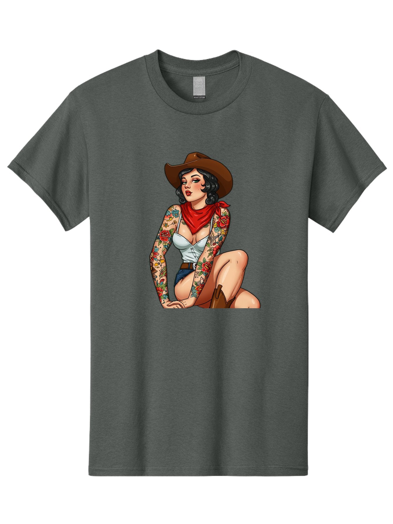Pin-Up-Cowgirl Men'S Graphic Tee, 100% Cotton, Comfortable Casual Summer Wear, Machine Washable, Pin-Up Girl, Cowgirl Style, Tattooed Woman, Western Fashion, Retro Aesthetic, Sexy Cowboy Boots, Floral Tattoos, Classic Pinup Art, Bold And Sassy Bad415 9