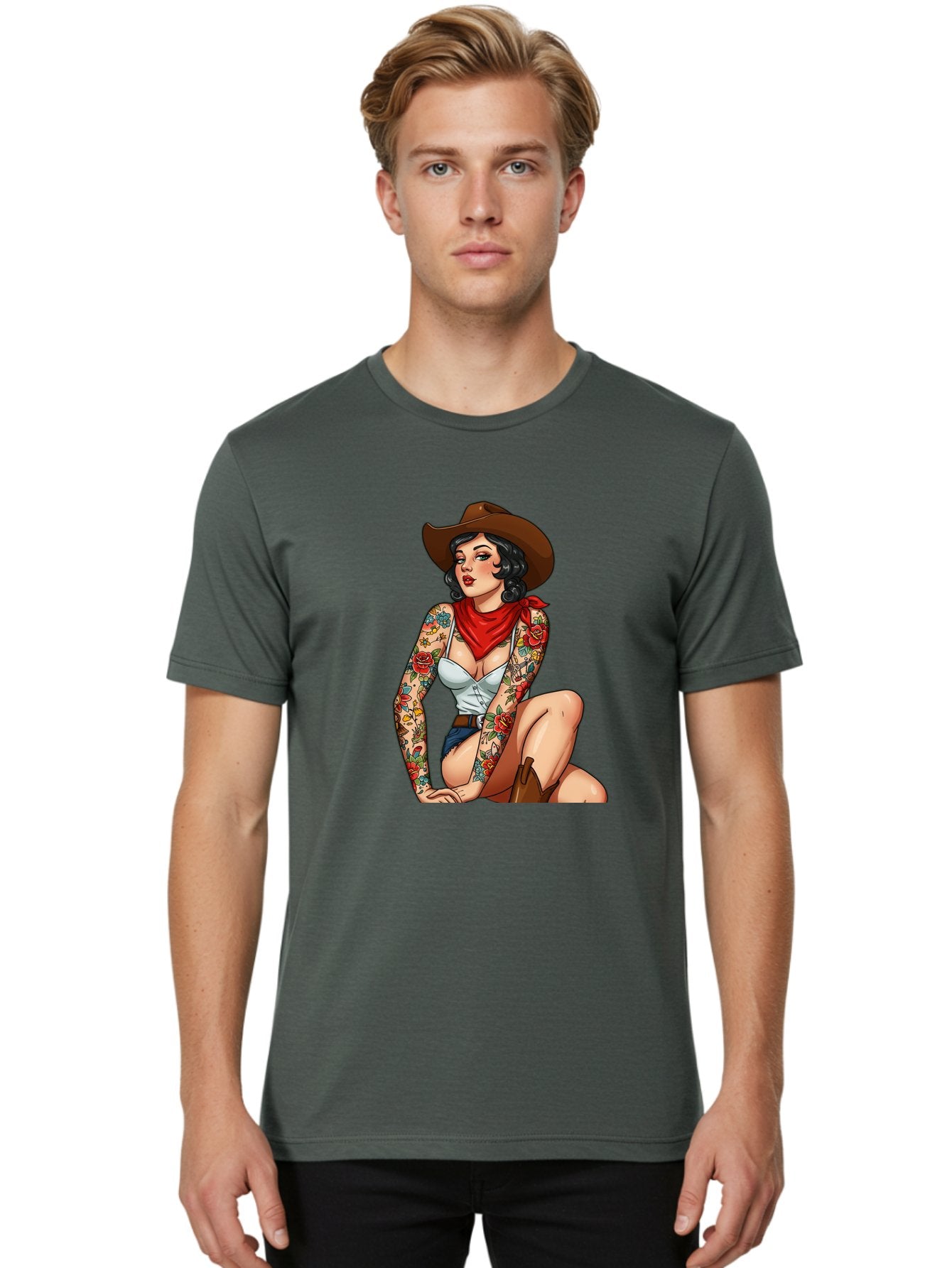 Pin-Up-Cowgirl Men'S Graphic Tee, 100% Cotton, Comfortable Casual Summer Wear, Machine Washable, Pin-Up Girl, Cowgirl Style, Tattooed Woman, Western Fashion, Retro Aesthetic, Sexy Cowboy Boots, Floral Tattoos, Classic Pinup Art, Bold And Sassy Bad415 26