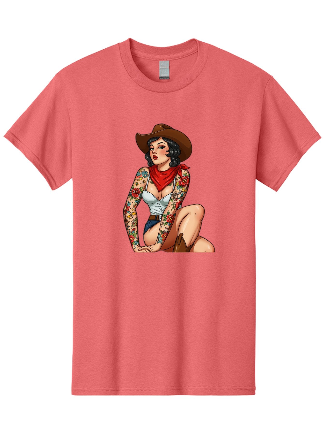 Pin-Up-Cowgirl Men'S Graphic Tee, 100% Cotton, Comfortable Casual Summer Wear, Machine Washable, Pin-Up Girl, Cowgirl Style, Tattooed Woman, Western Fashion, Retro Aesthetic, Sexy Cowboy Boots, Floral Tattoos, Classic Pinup Art, Bold And Sassy Bad415 8