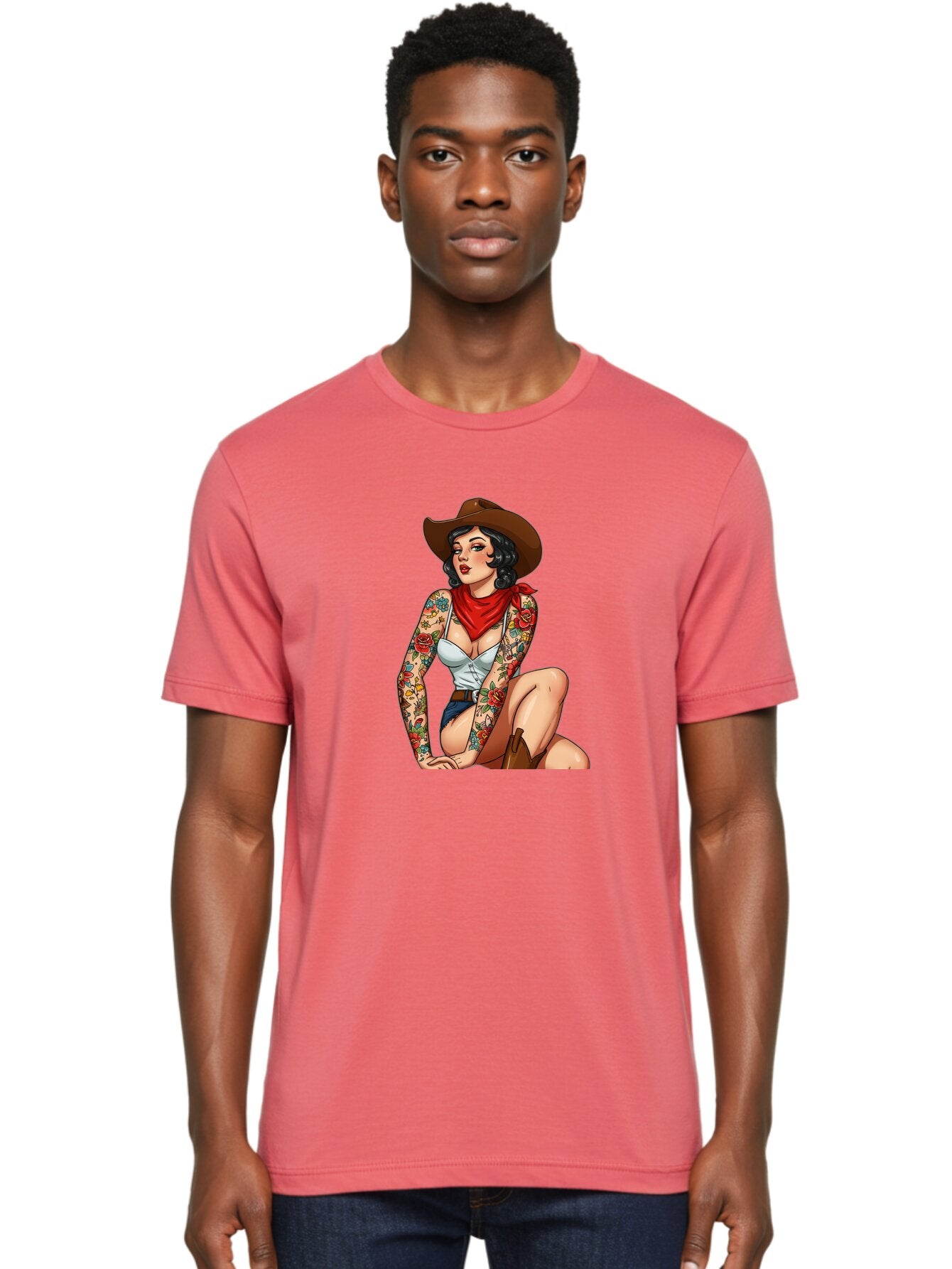 Pin-Up-Cowgirl Men'S Graphic Tee, 100% Cotton, Comfortable Casual Summer Wear, Machine Washable, Pin-Up Girl, Cowgirl Style, Tattooed Woman, Western Fashion, Retro Aesthetic, Sexy Cowboy Boots, Floral Tattoos, Classic Pinup Art, Bold And Sassy Bad415 25