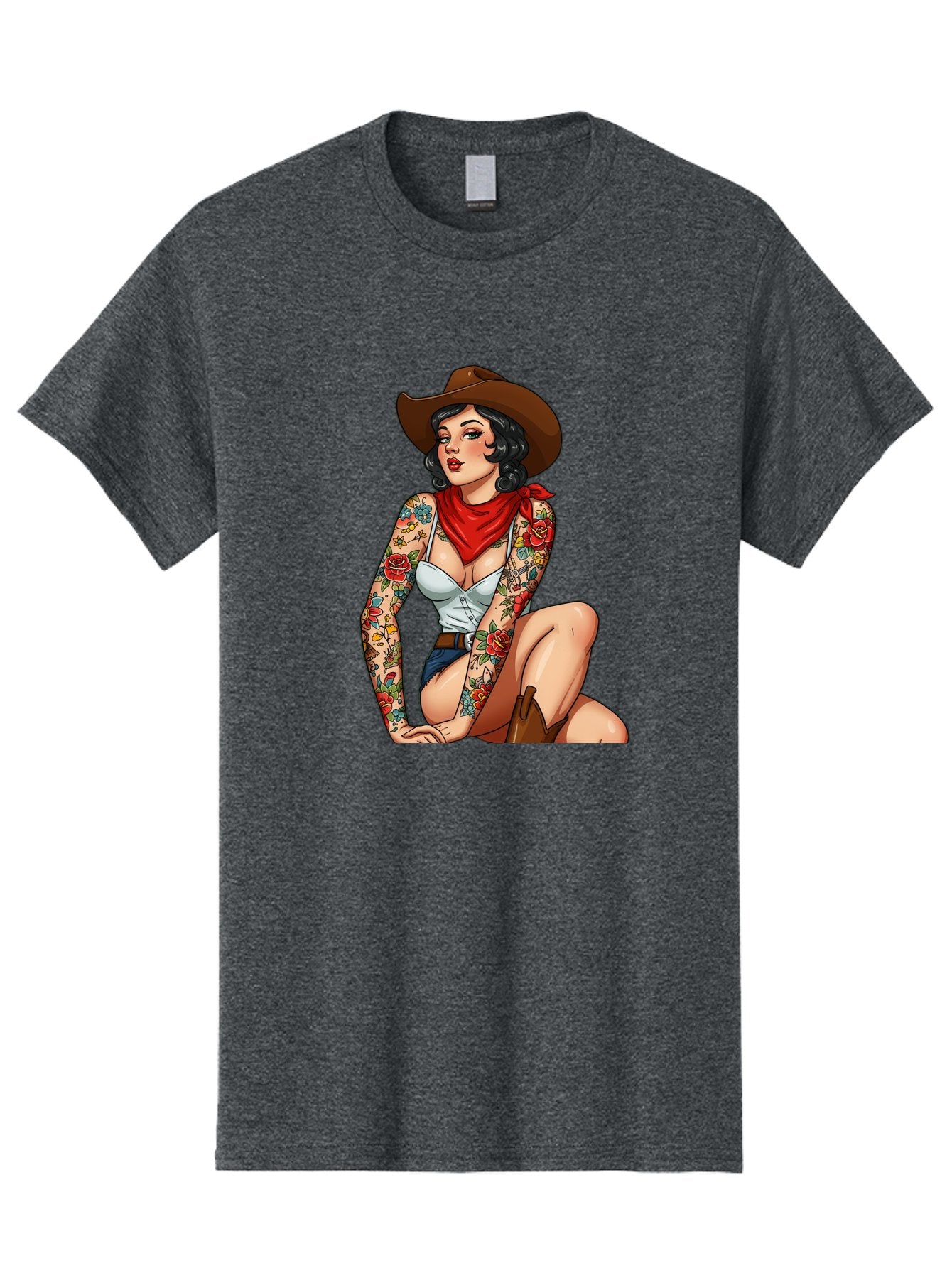 Pin-Up-Cowgirl Men'S Graphic Tee, 100% Cotton, Comfortable Casual Summer Wear, Machine Washable, Pin-Up Girl, Cowgirl Style, Tattooed Woman, Western Fashion, Retro Aesthetic, Sexy Cowboy Boots, Floral Tattoos, Classic Pinup Art, Bold And Sassy Bad415 15