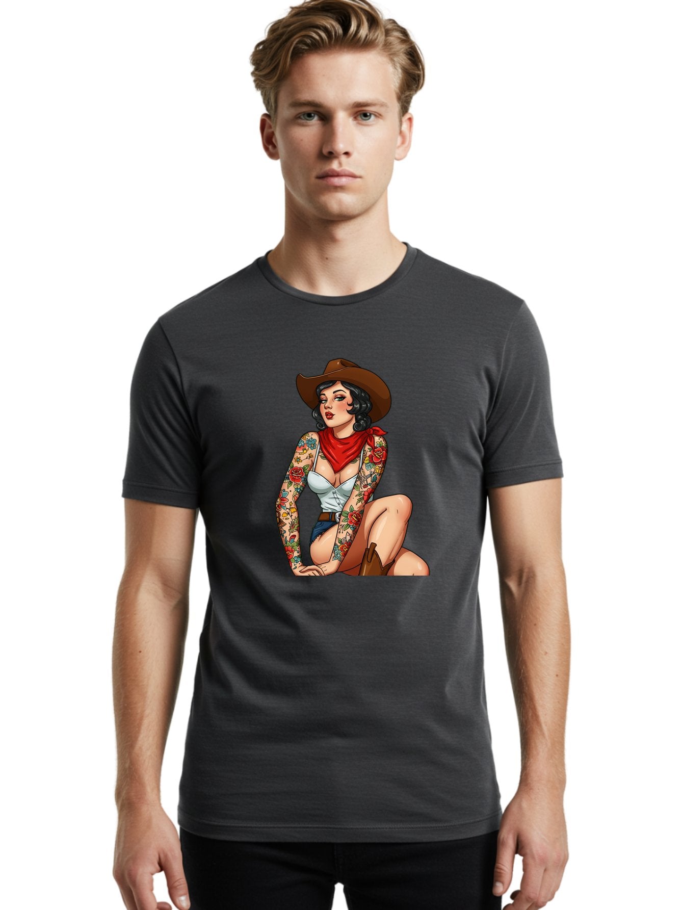 Pin-Up-Cowgirl Men'S Graphic Tee, 100% Cotton, Comfortable Casual Summer Wear, Machine Washable, Pin-Up Girl, Cowgirl Style, Tattooed Woman, Western Fashion, Retro Aesthetic, Sexy Cowboy Boots, Floral Tattoos, Classic Pinup Art, Bold And Sassy Bad415 30