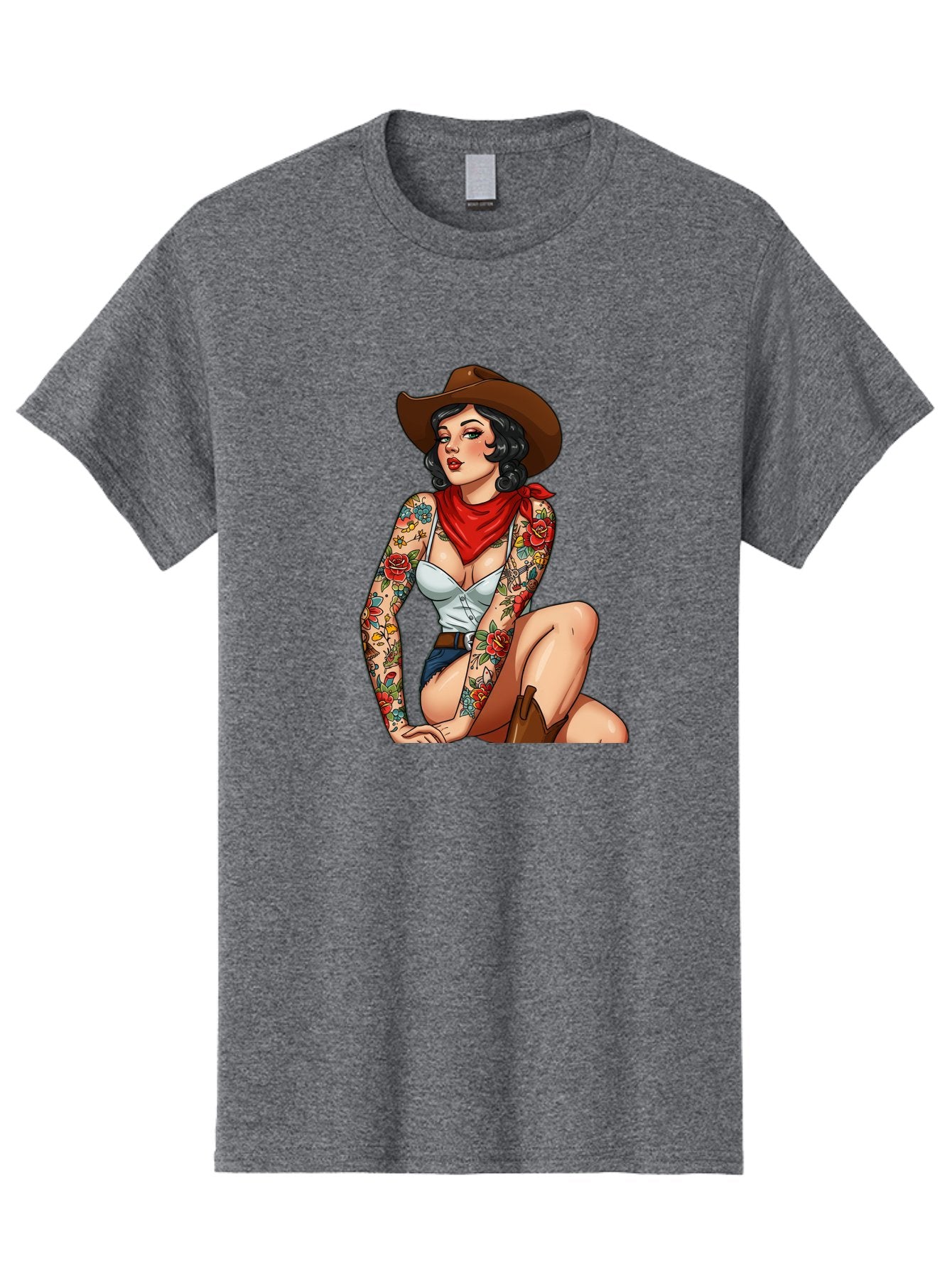 Pin-Up-Cowgirl Men'S Graphic Tee, 100% Cotton, Comfortable Casual Summer Wear, Machine Washable, Pin-Up Girl, Cowgirl Style, Tattooed Woman, Western Fashion, Retro Aesthetic, Sexy Cowboy Boots, Floral Tattoos, Classic Pinup Art, Bold And Sassy Bad415 13