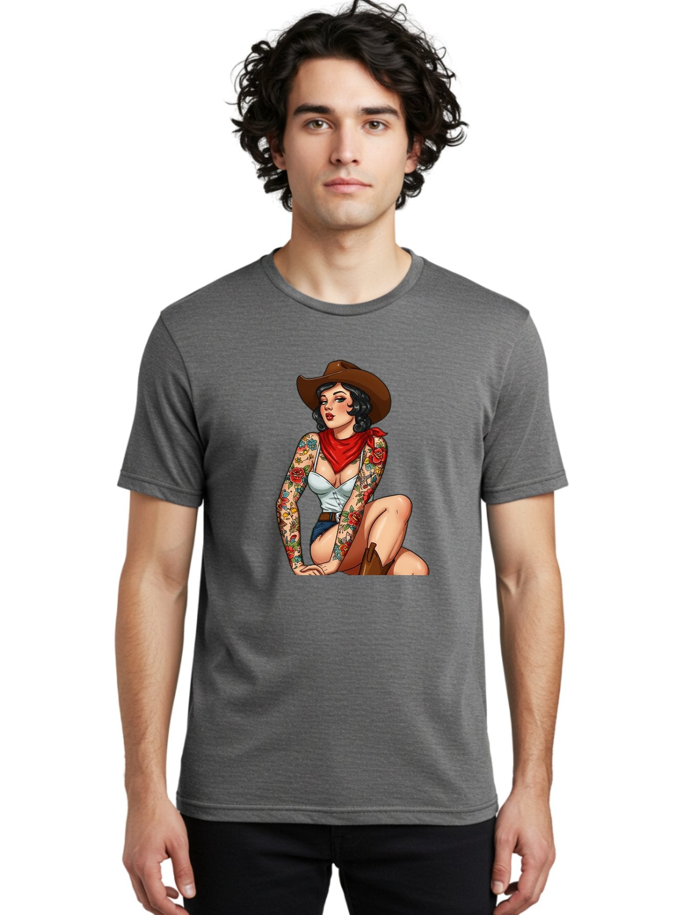 Pin-Up-Cowgirl Men'S Graphic Tee, 100% Cotton, Comfortable Casual Summer Wear, Machine Washable, Pin-Up Girl, Cowgirl Style, Tattooed Woman, Western Fashion, Retro Aesthetic, Sexy Cowboy Boots, Floral Tattoos, Classic Pinup Art, Bold And Sassy Bad415 20