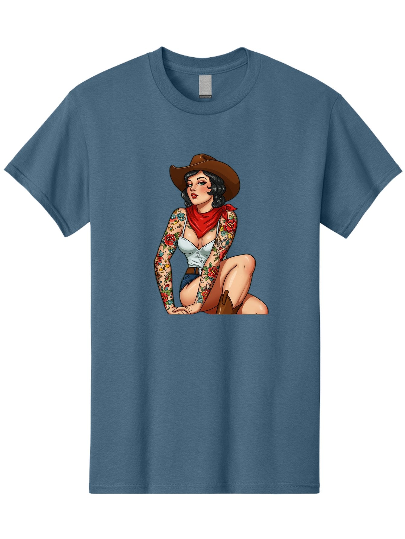 Pin-Up-Cowgirl Men'S Graphic Tee, 100% Cotton, Comfortable Casual Summer Wear, Machine Washable, Pin-Up Girl, Cowgirl Style, Tattooed Woman, Western Fashion, Retro Aesthetic, Sexy Cowboy Boots, Floral Tattoos, Classic Pinup Art, Bold And Sassy Bad415 6
