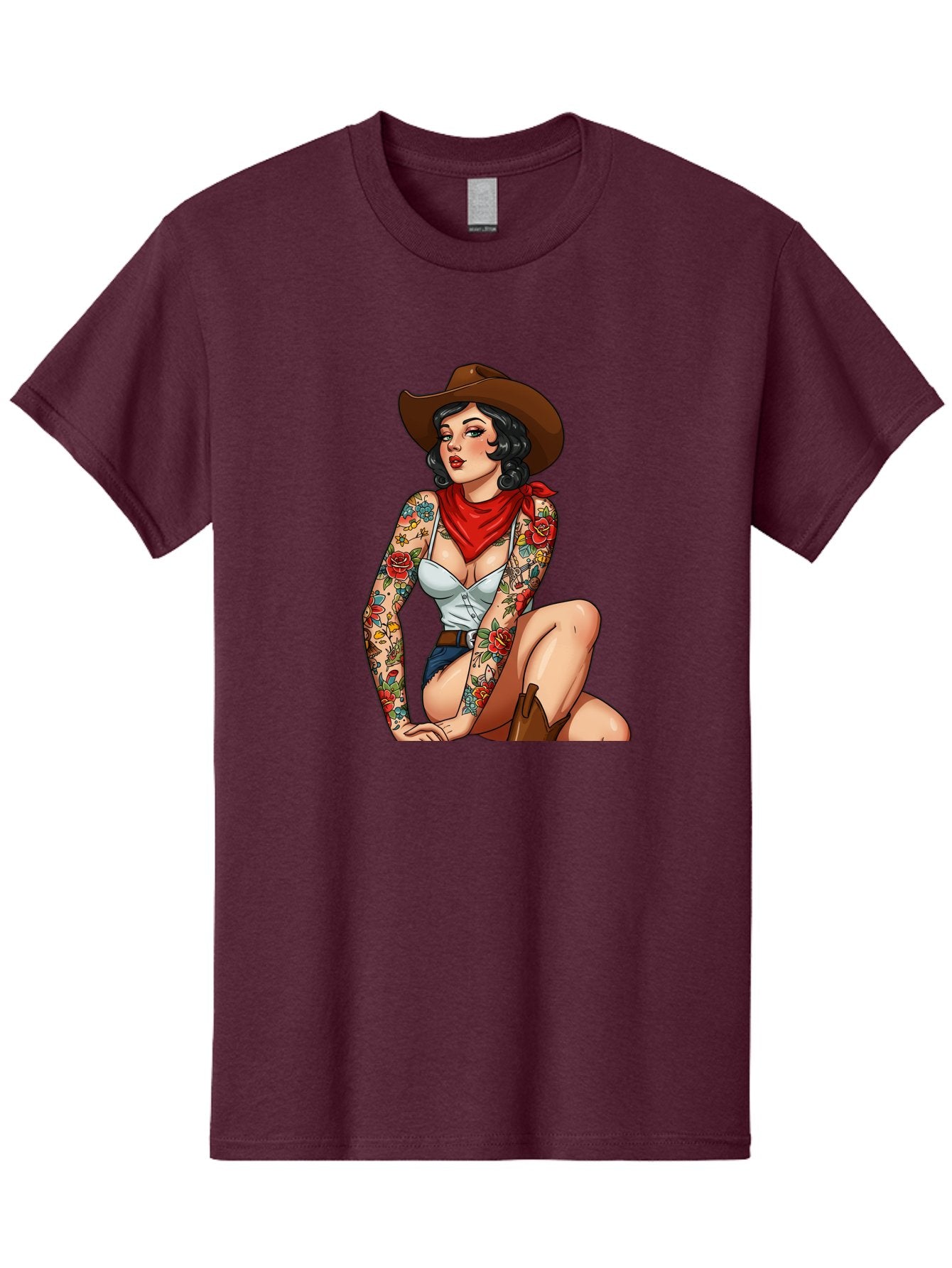 Pin-Up-Cowgirl Men'S Graphic Tee, 100% Cotton, Comfortable Casual Summer Wear, Machine Washable, Pin-Up Girl, Cowgirl Style, Tattooed Woman, Western Fashion, Retro Aesthetic, Sexy Cowboy Boots, Floral Tattoos, Classic Pinup Art, Bold And Sassy Bad415 7