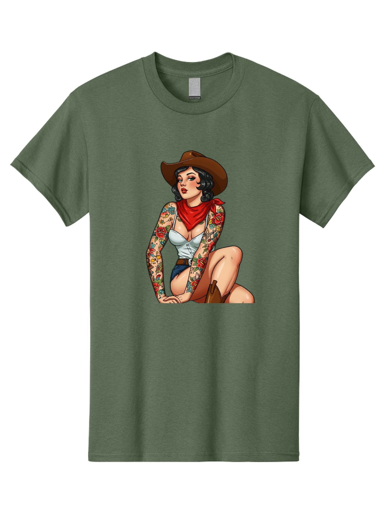Pin-Up-Cowgirl Men'S Graphic Tee, 100% Cotton, Comfortable Casual Summer Wear, Machine Washable, Pin-Up Girl, Cowgirl Style, Tattooed Woman, Western Fashion, Retro Aesthetic, Sexy Cowboy Boots, Floral Tattoos, Classic Pinup Art, Bold And Sassy Bad415 12