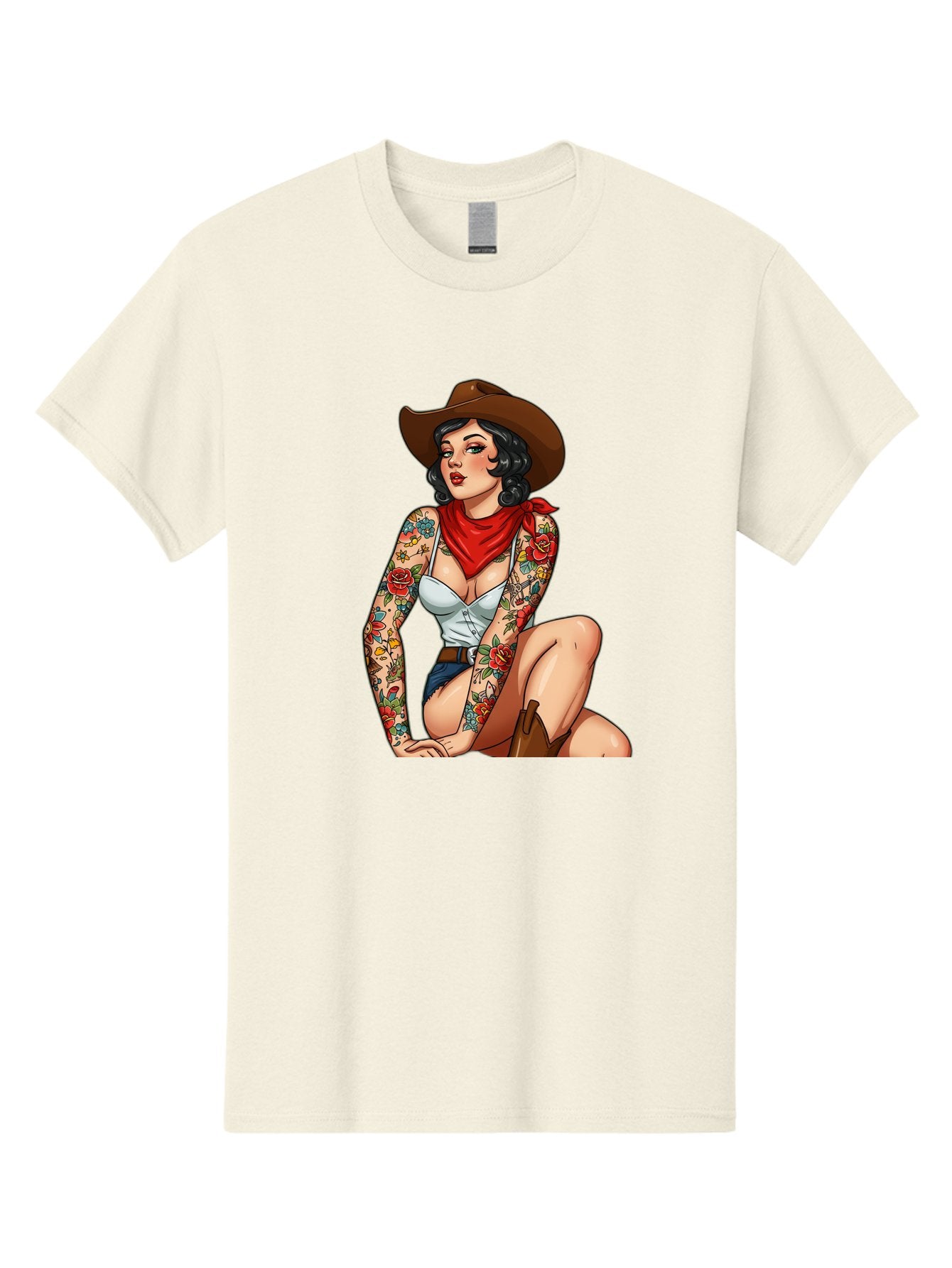 Pin-Up-Cowgirl Men'S Graphic Tee, 100% Cotton, Comfortable Casual Summer Wear, Machine Washable, Pin-Up Girl, Cowgirl Style, Tattooed Woman, Western Fashion, Retro Aesthetic, Sexy Cowboy Boots, Floral Tattoos, Classic Pinup Art, Bold And Sassy Bad415 5