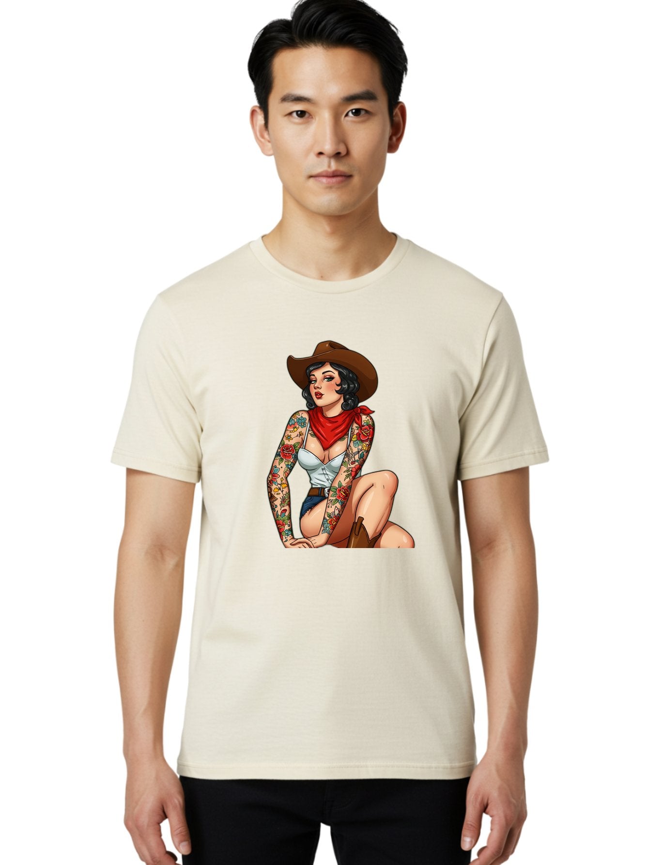 Pin-Up-Cowgirl Men'S Graphic Tee, 100% Cotton, Comfortable Casual Summer Wear, Machine Washable, Pin-Up Girl, Cowgirl Style, Tattooed Woman, Western Fashion, Retro Aesthetic, Sexy Cowboy Boots, Floral Tattoos, Classic Pinup Art, Bold And Sassy Bad415 23