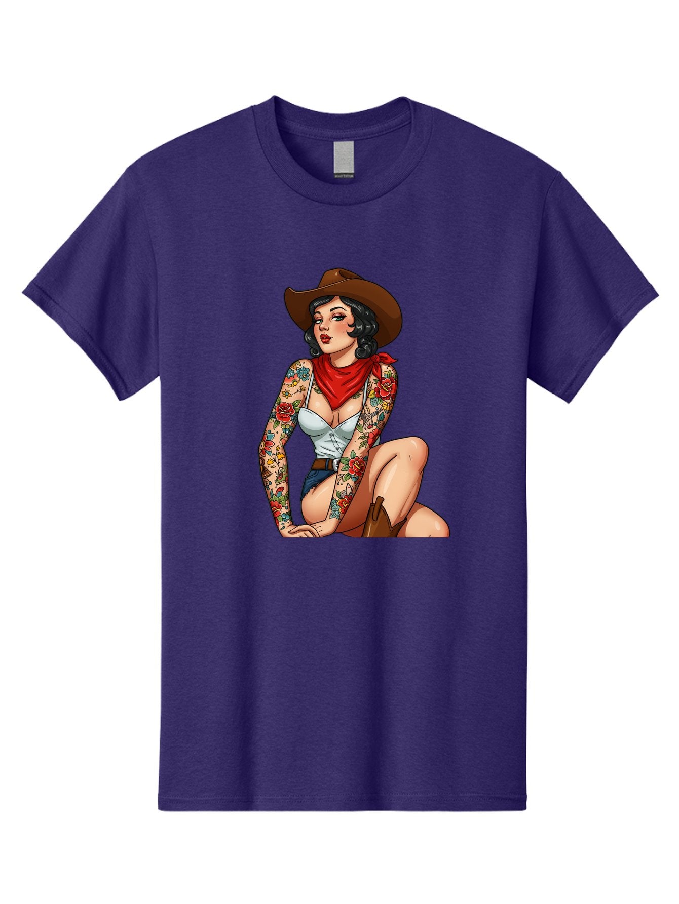 Pin-Up-Cowgirl Men'S Graphic Tee, 100% Cotton, Comfortable Casual Summer Wear, Machine Washable, Pin-Up Girl, Cowgirl Style, Tattooed Woman, Western Fashion, Retro Aesthetic, Sexy Cowboy Boots, Floral Tattoos, Classic Pinup Art, Bold And Sassy Bad415