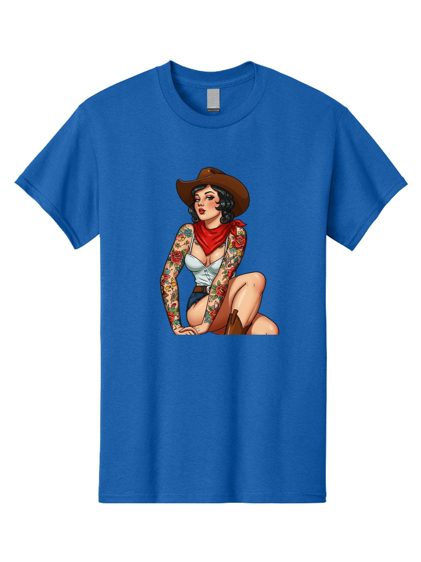 Pin-Up-Cowgirl Men'S Graphic Tee, 100% Cotton, Comfortable Casual Summer Wear, Machine Washable, Pin-Up Girl, Cowgirl Style, Tattooed Woman, Western Fashion, Retro Aesthetic, Sexy Cowboy Boots, Floral Tattoos, Classic Pinup Art, Bold And Sassy Bad415 14