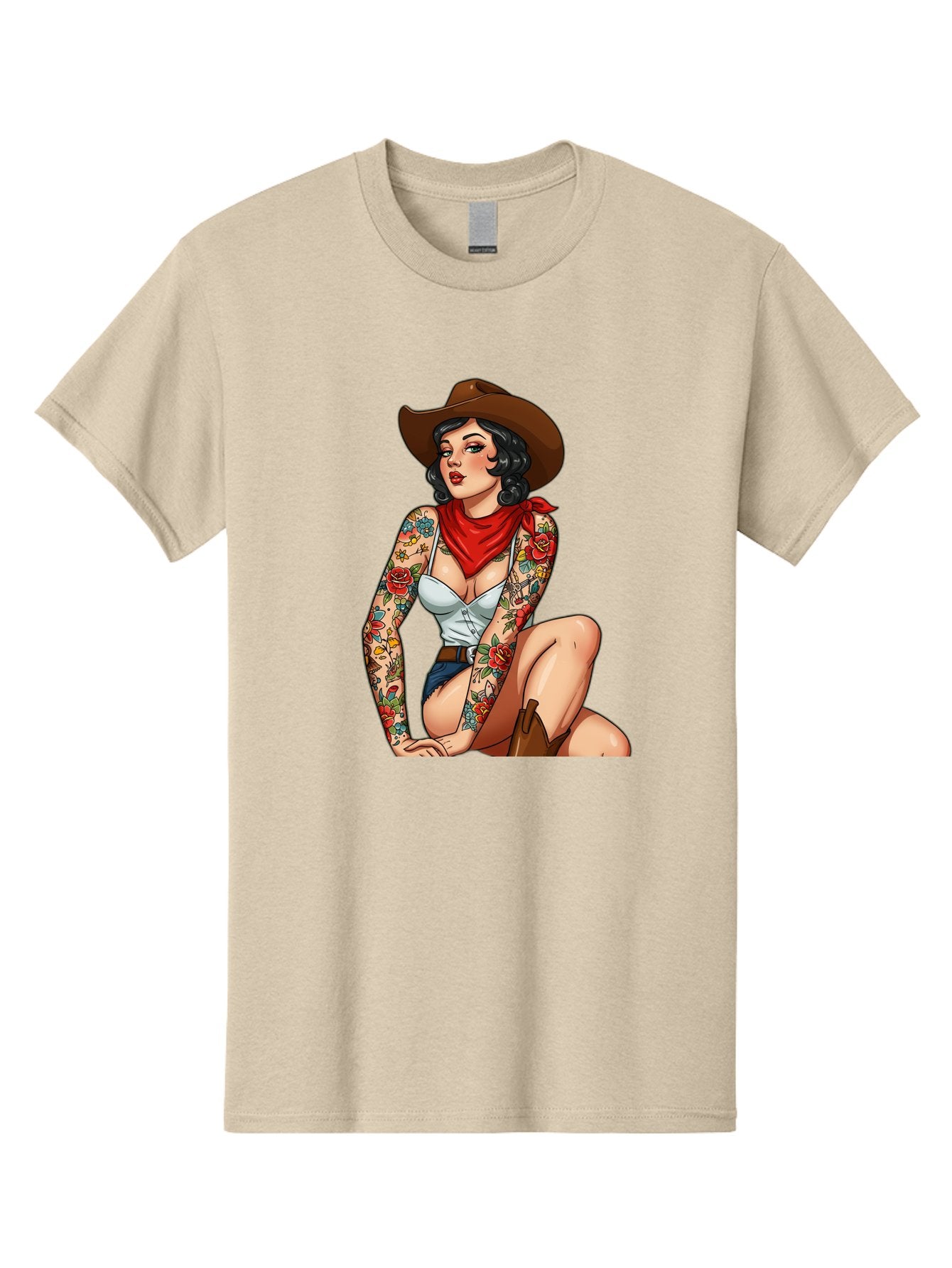 Pin-Up-Cowgirl Men'S Graphic Tee, 100% Cotton, Comfortable Casual Summer Wear, Machine Washable, Pin-Up Girl, Cowgirl Style, Tattooed Woman, Western Fashion, Retro Aesthetic, Sexy Cowboy Boots, Floral Tattoos, Classic Pinup Art, Bold And Sassy Bad415 11