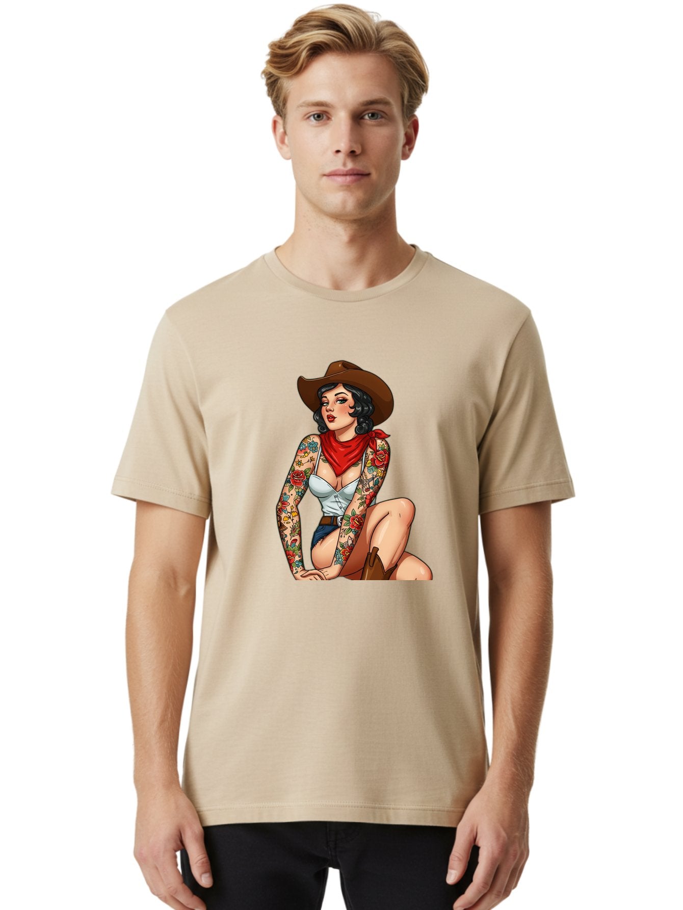 Pin-Up-Cowgirl Men'S Graphic Tee, 100% Cotton, Comfortable Casual Summer Wear, Machine Washable, Pin-Up Girl, Cowgirl Style, Tattooed Woman, Western Fashion, Retro Aesthetic, Sexy Cowboy Boots, Floral Tattoos, Classic Pinup Art, Bold And Sassy Bad415 27
