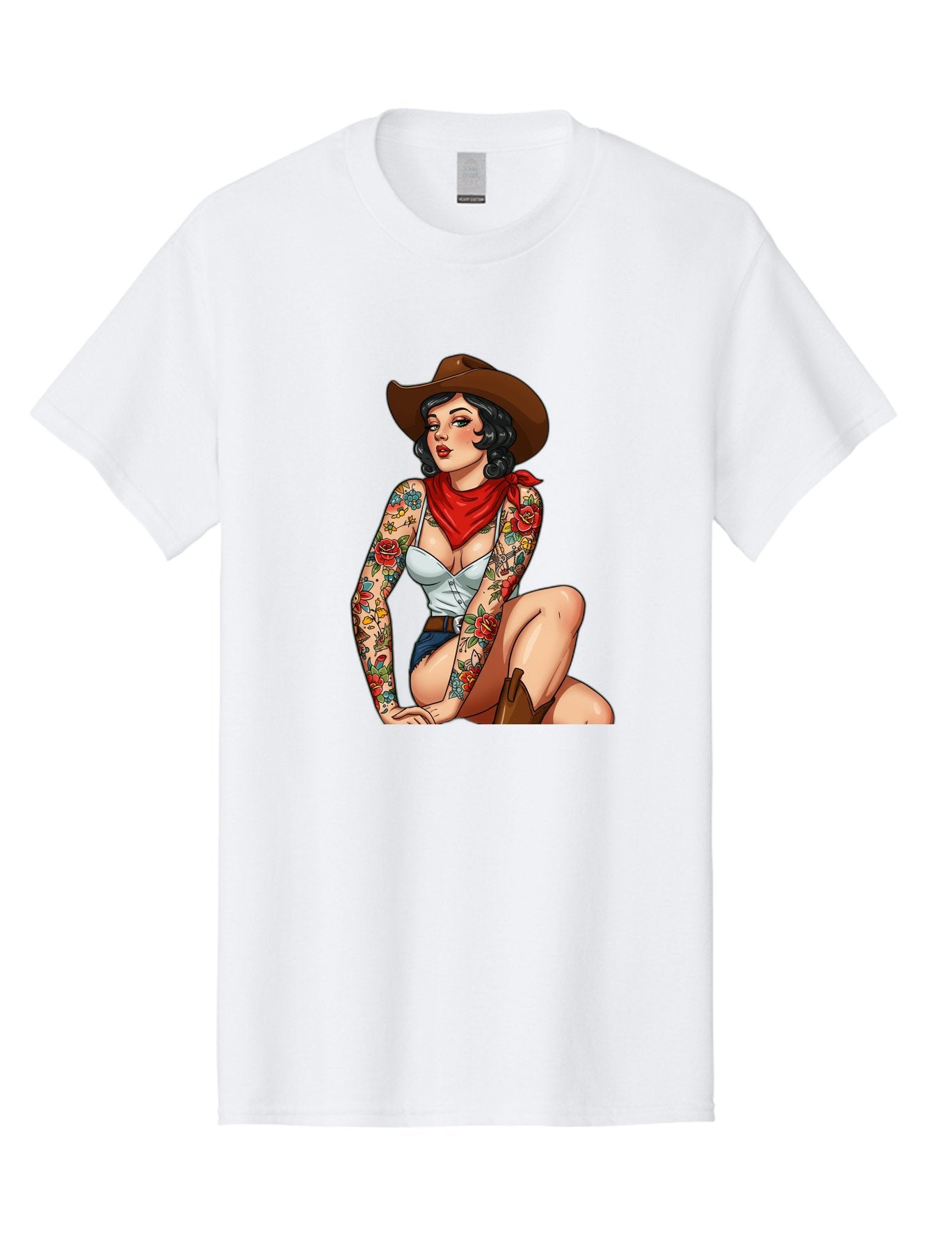Pin-Up-Cowgirl Men'S Graphic Tee, 100% Cotton, Comfortable Casual Summer Wear, Machine Washable, Pin-Up Girl, Cowgirl Style, Tattooed Woman, Western Fashion, Retro Aesthetic, Sexy Cowboy Boots, Floral Tattoos, Classic Pinup Art, Bold And Sassy Bad415 4