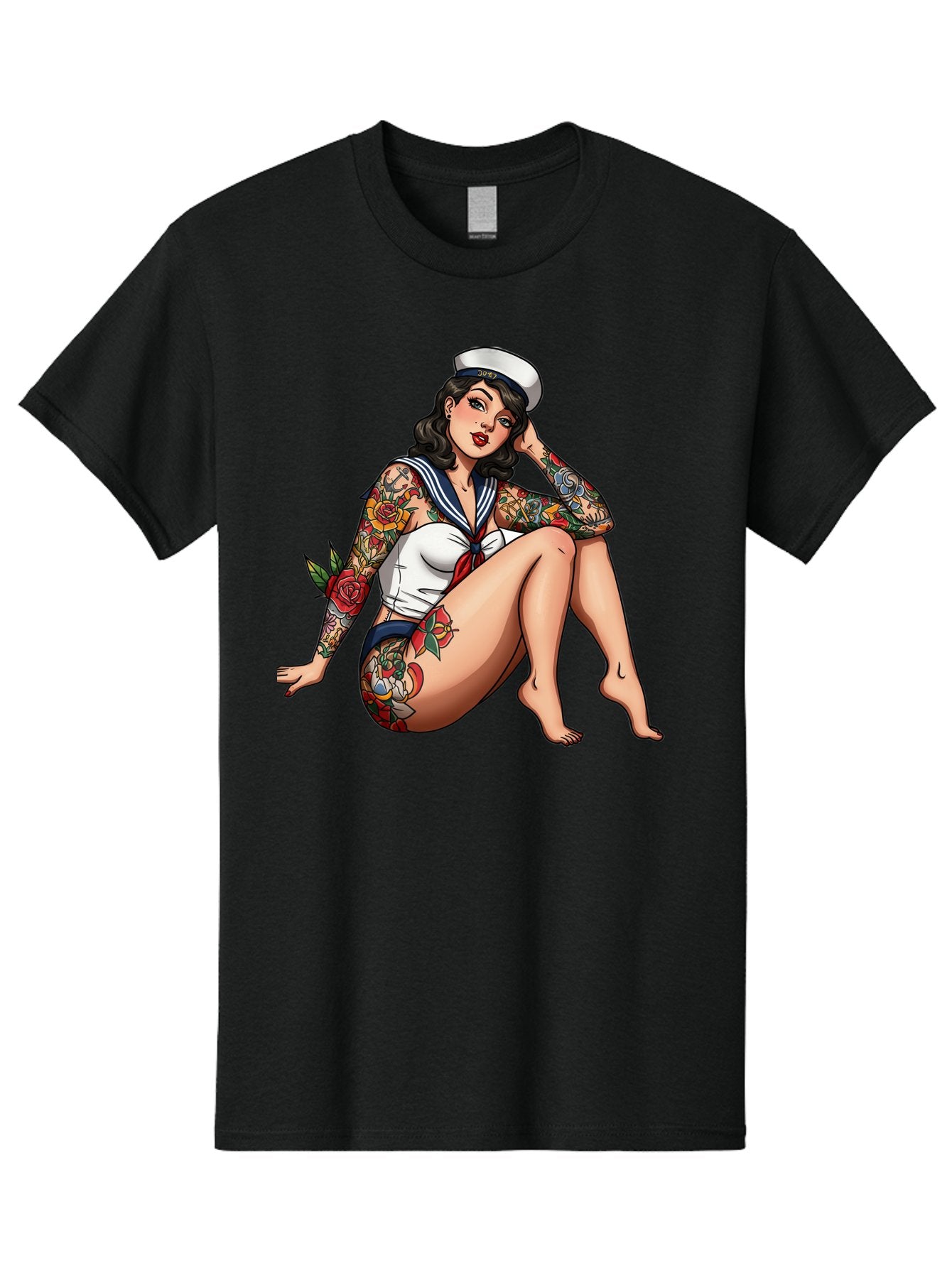 Pin-Up-Girl-Sailor Men'S Graphic Tee, 100% Cotton, Comfortable Casual Summer Wear, Machine Washable, Pin-Up Girl, Sailor Costume, Tattoos, Rose Tattoos, Nautical Theme, Vintage Style, Seductive Pose, Pin-Up Art, Body Art, Tattoo Art, Bad416 7
